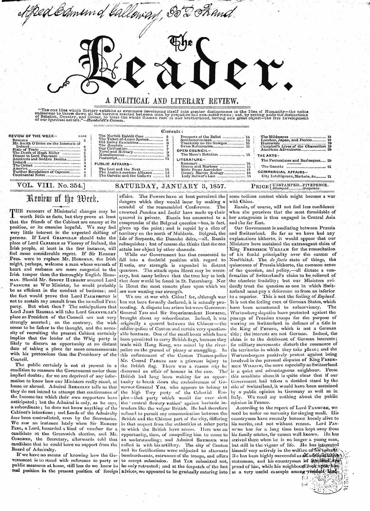 Leader (1850-1860): jS F Y, 2nd edition - . ¦ ¦¦ : ¦ ' . ' ¦ ¦ ¦ Cuntcnts: * ' ¦ . ¦