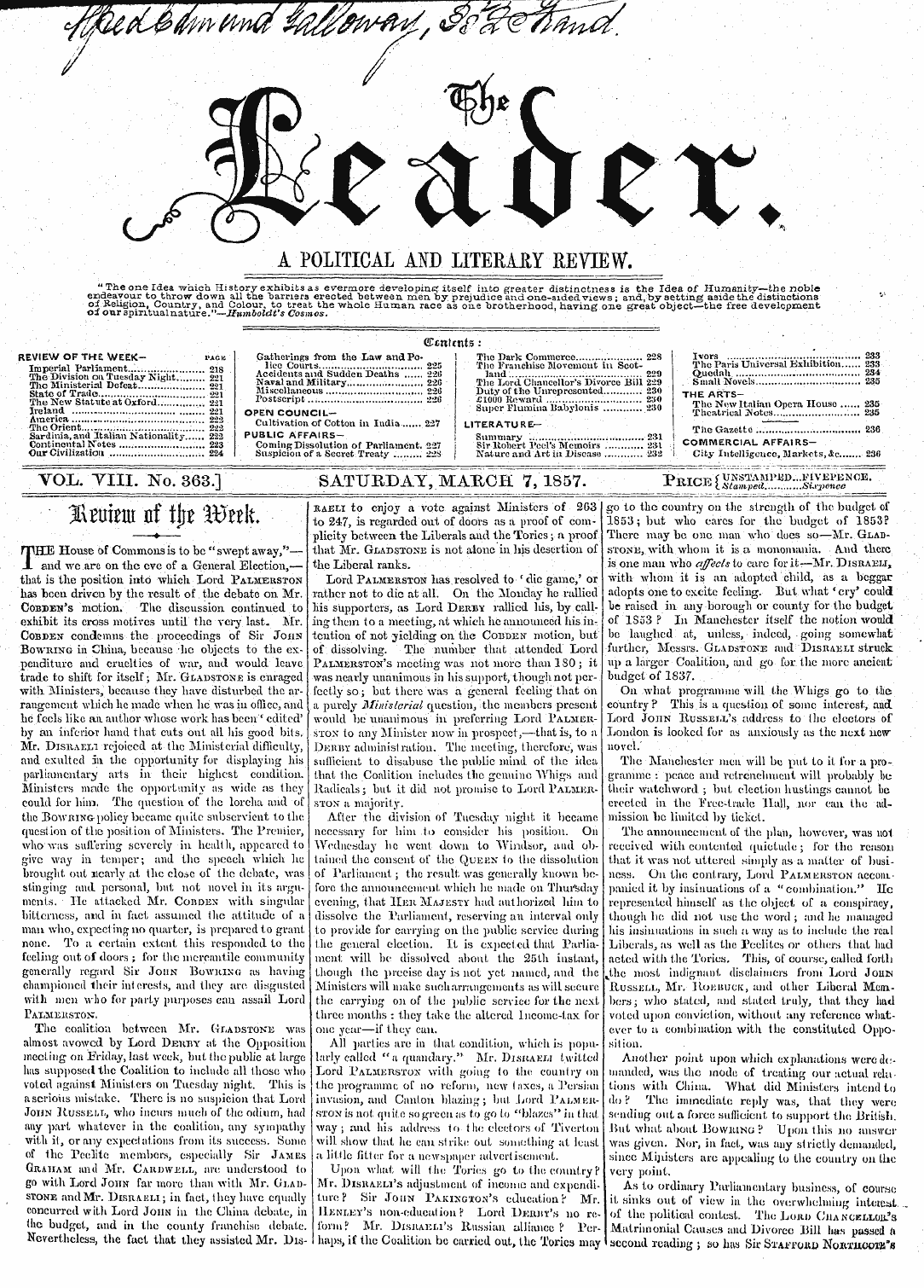 Leader (1850-1860): jS F Y, 2nd edition - V . Riuuhi House Of Commons Is To Be "Sw...