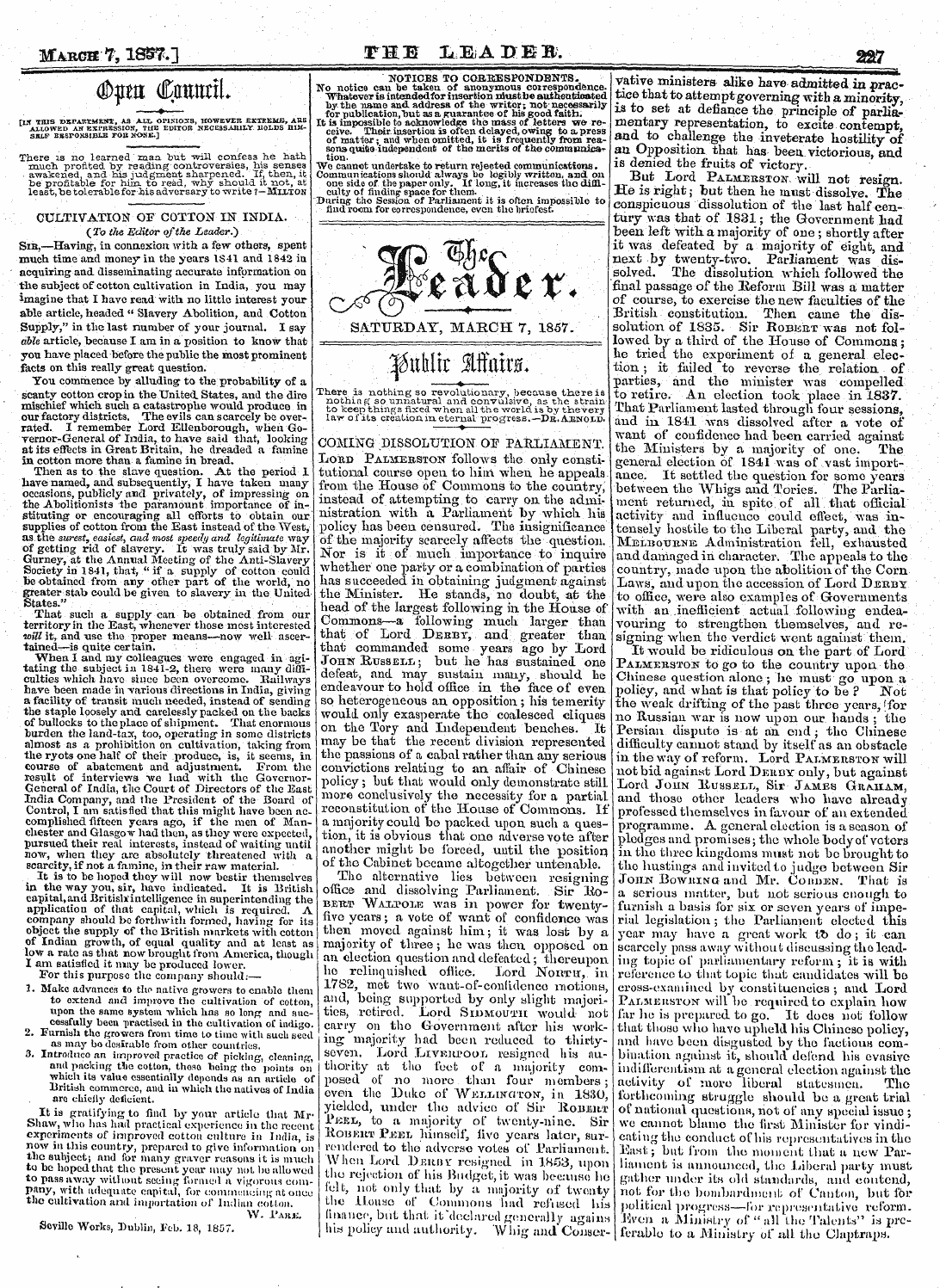 Leader (1850-1860): jS F Y, 2nd edition - Notices To Correspondents. No Notice Can...