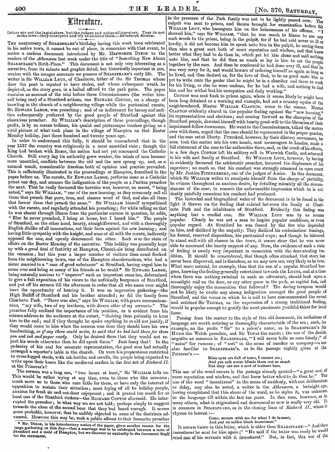 Leader (1850-1860): jS F Y, 2nd edition - The Anniversary Of Shakspeaee's Birthday...