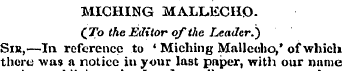 MICHING MALLECHO. (To the Editor of the ...