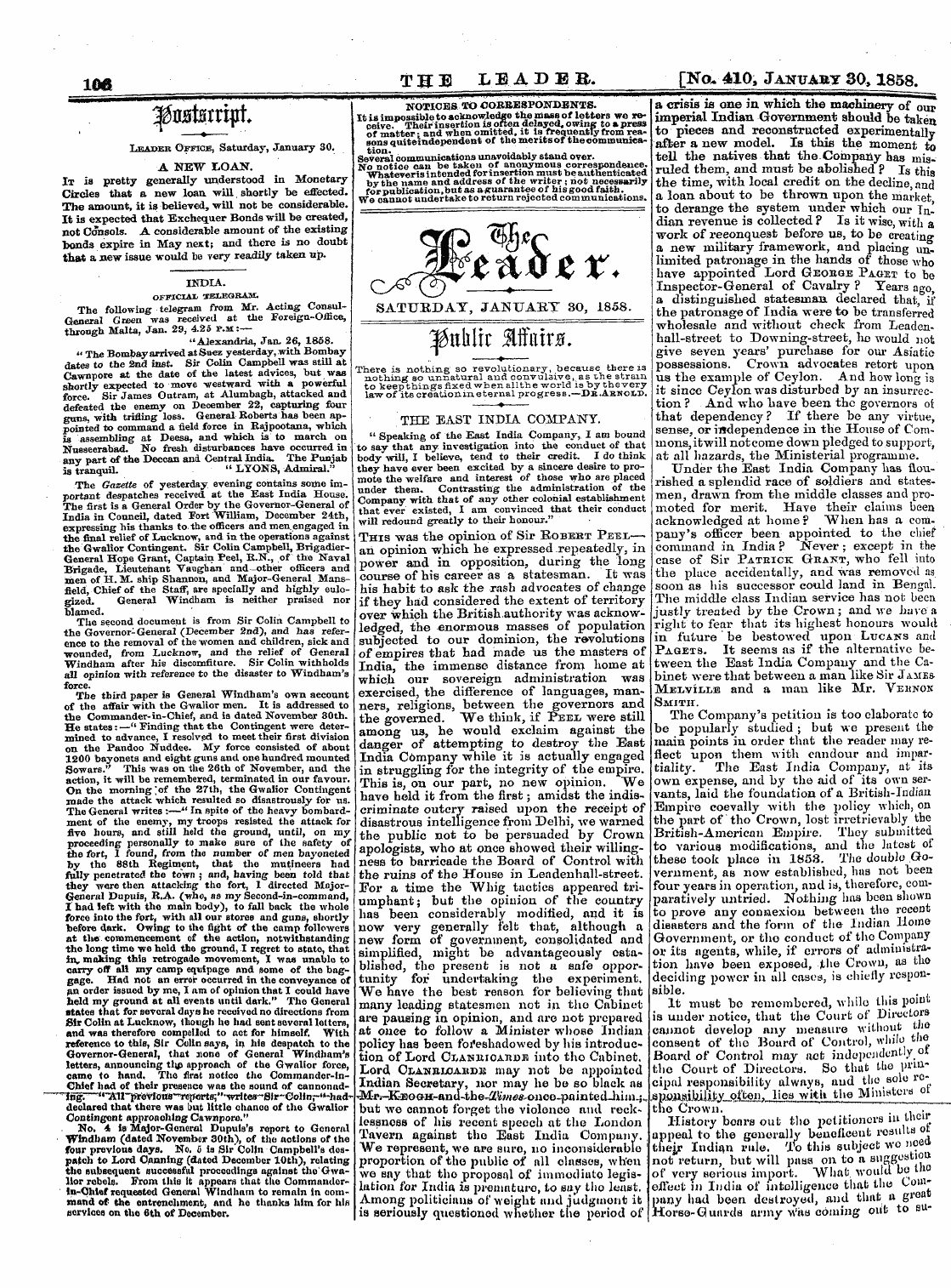 Leader (1850-1860): jS F Y, 2nd edition - Saturday, January 30, 1858.