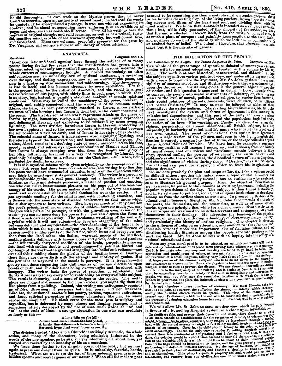 Leader (1850-1860): jS F Y, 2nd edition - Essays And Remains Of Alfred Vaughan. Es...