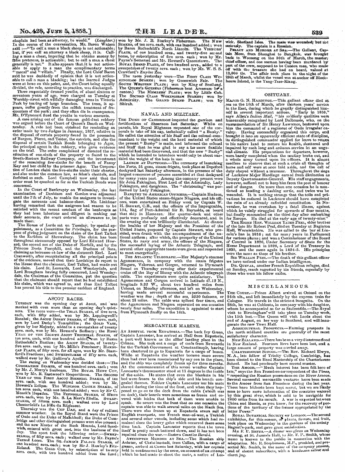 Leader (1850-1860): jS F Y, 2nd edition - Obituary. Major G. N. Hardinge.—This Gal...