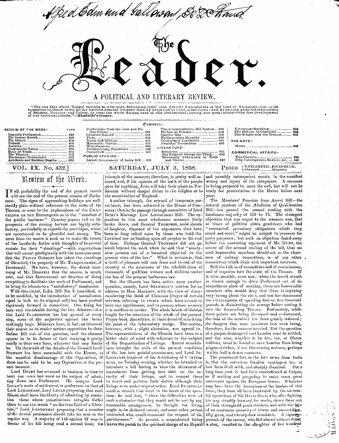 Leader (1850-1860): jS F Y, 2nd edition - " Vozr. Ix. No; 432'] " Saturday, Jult 3...