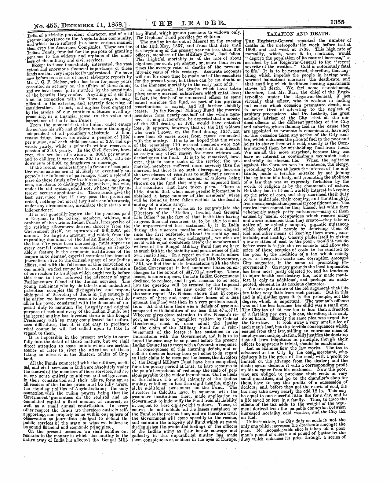 Leader (1850-1860): jS F Y, 2nd edition - Taxation And Death. The Registrar-Genera...