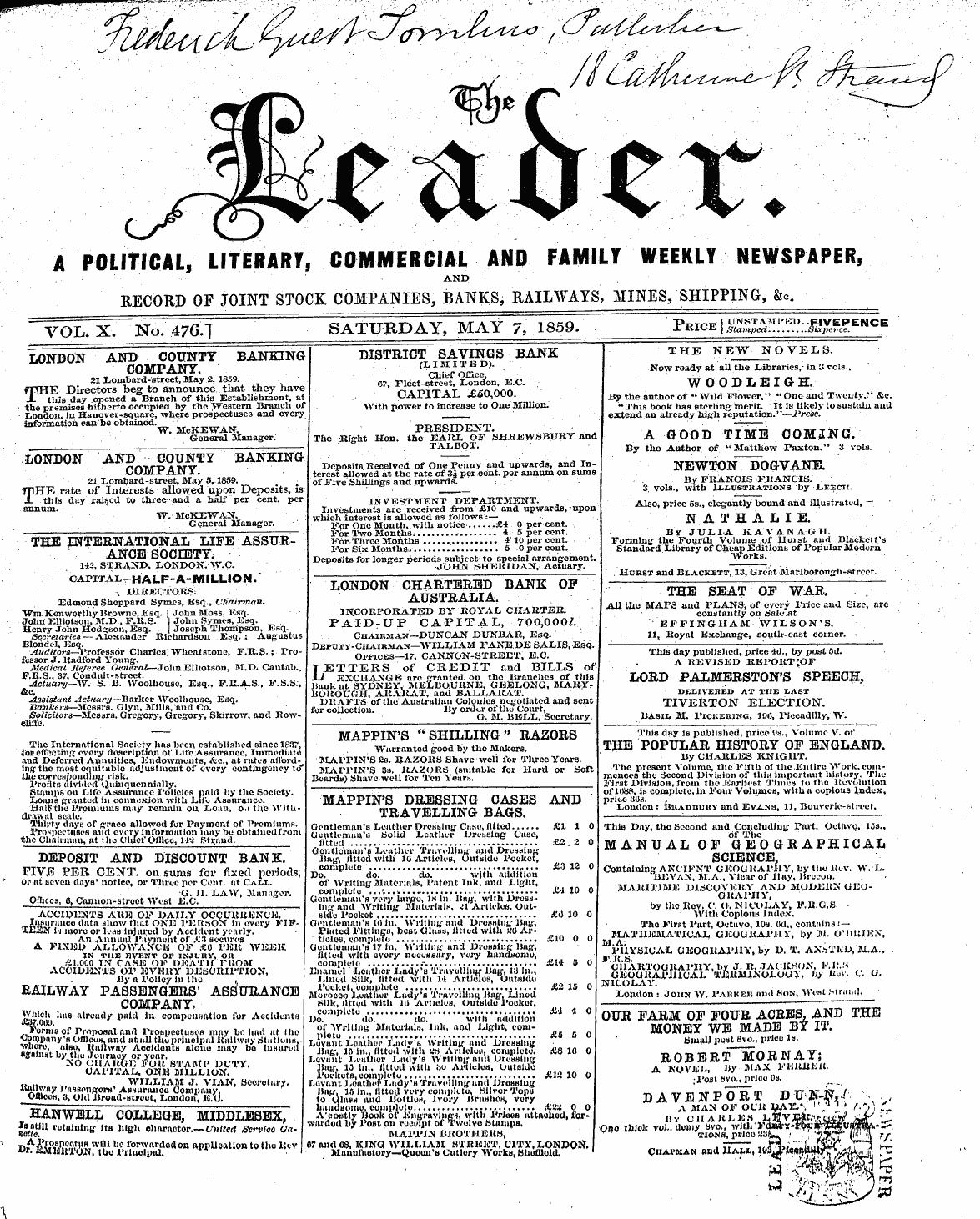 Leader (1850-1860): jS F Y, 2nd edition - London And County Banking Company.