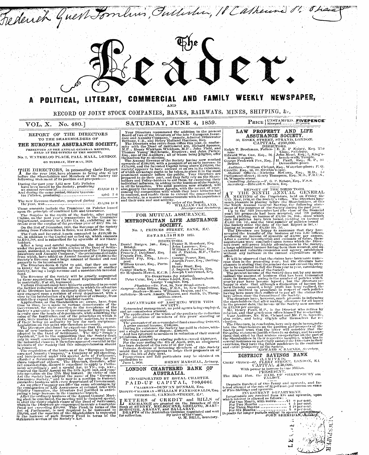 Leader (1850-1860): jS F Y, 2nd edition - Repojit O F The Directors
