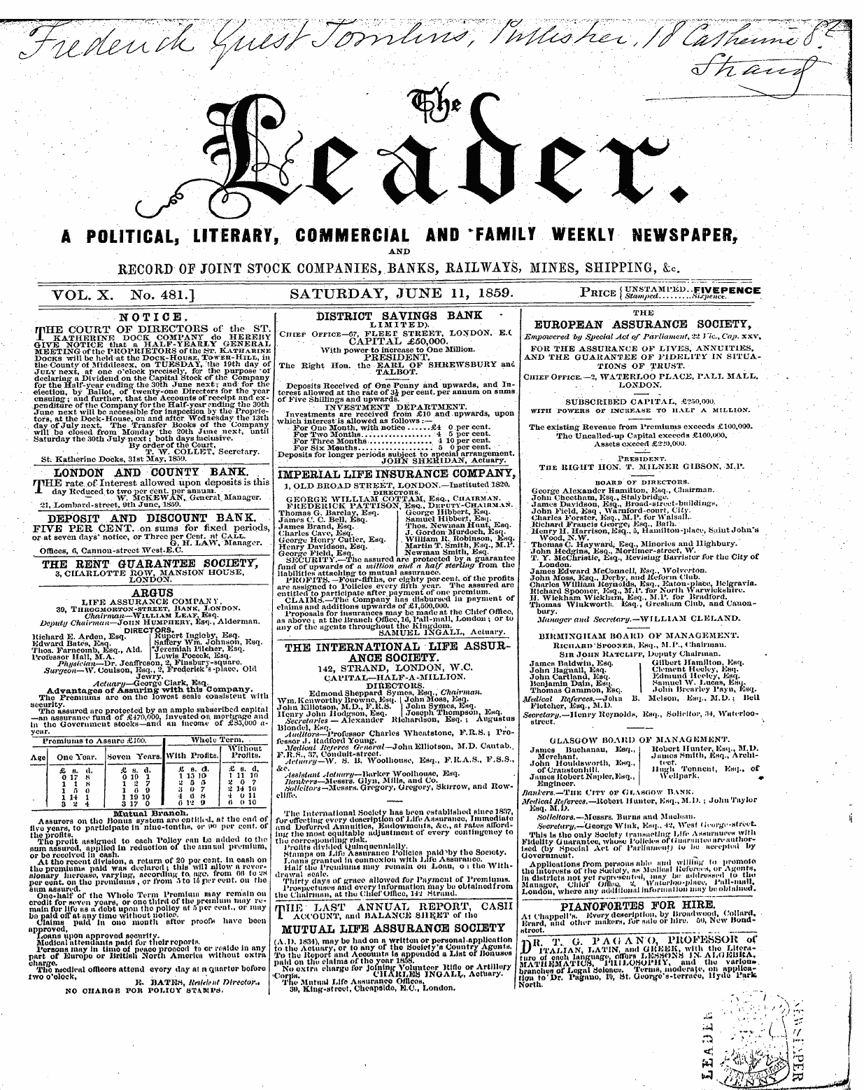Leader (1850-1860): jS F Y, 2nd edition - Ad00112