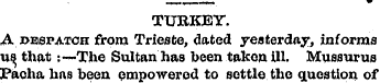 TURKEY. A despatch from Trieste, dated y...