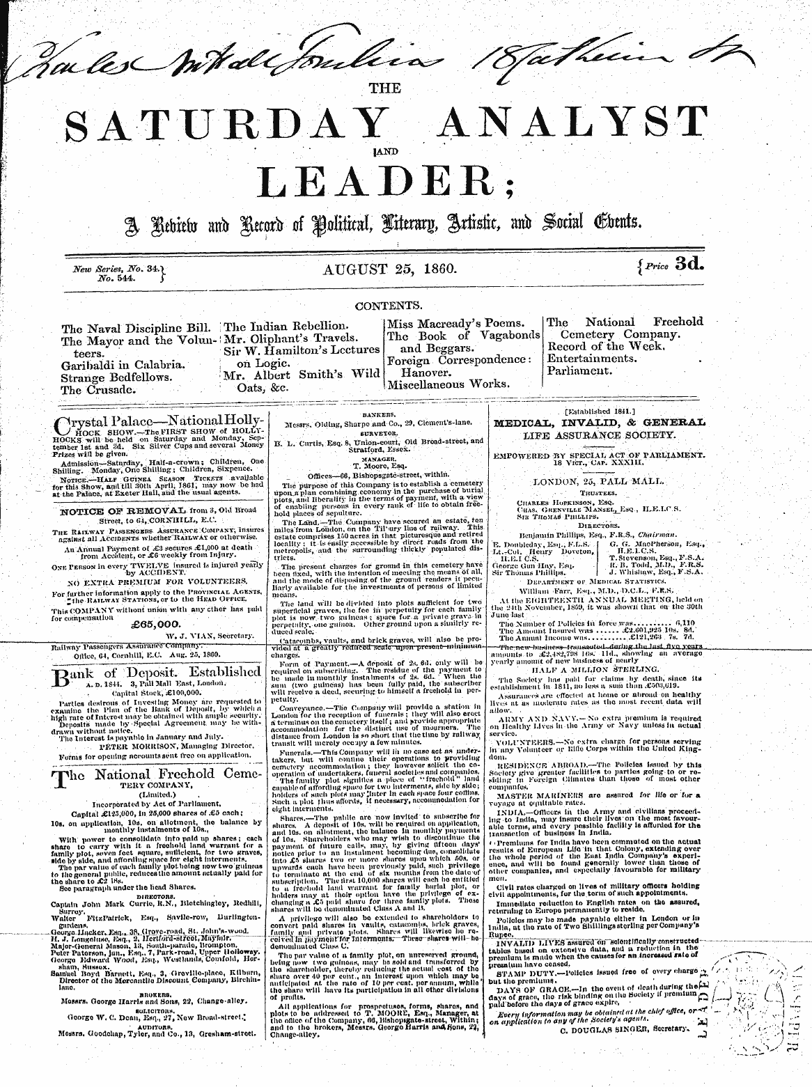 Leader (1850-1860): jS F Y, 2nd edition - Few Series, Jo. 34.1 Augrdst 25, 1860. ....