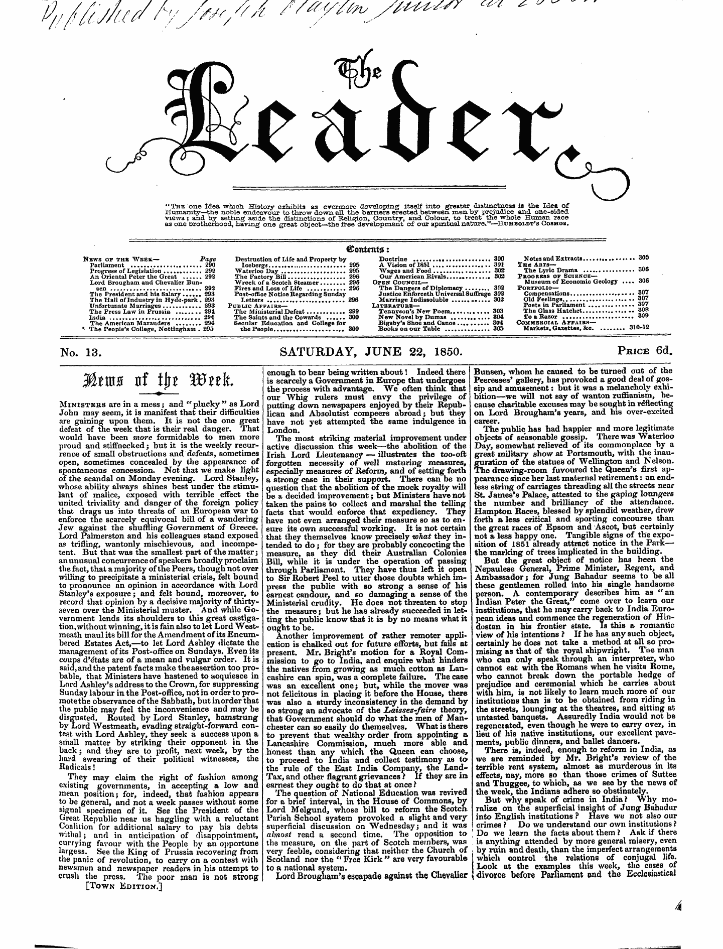 Leader (1850-1860): jS F Y, Town edition - Untitled Article