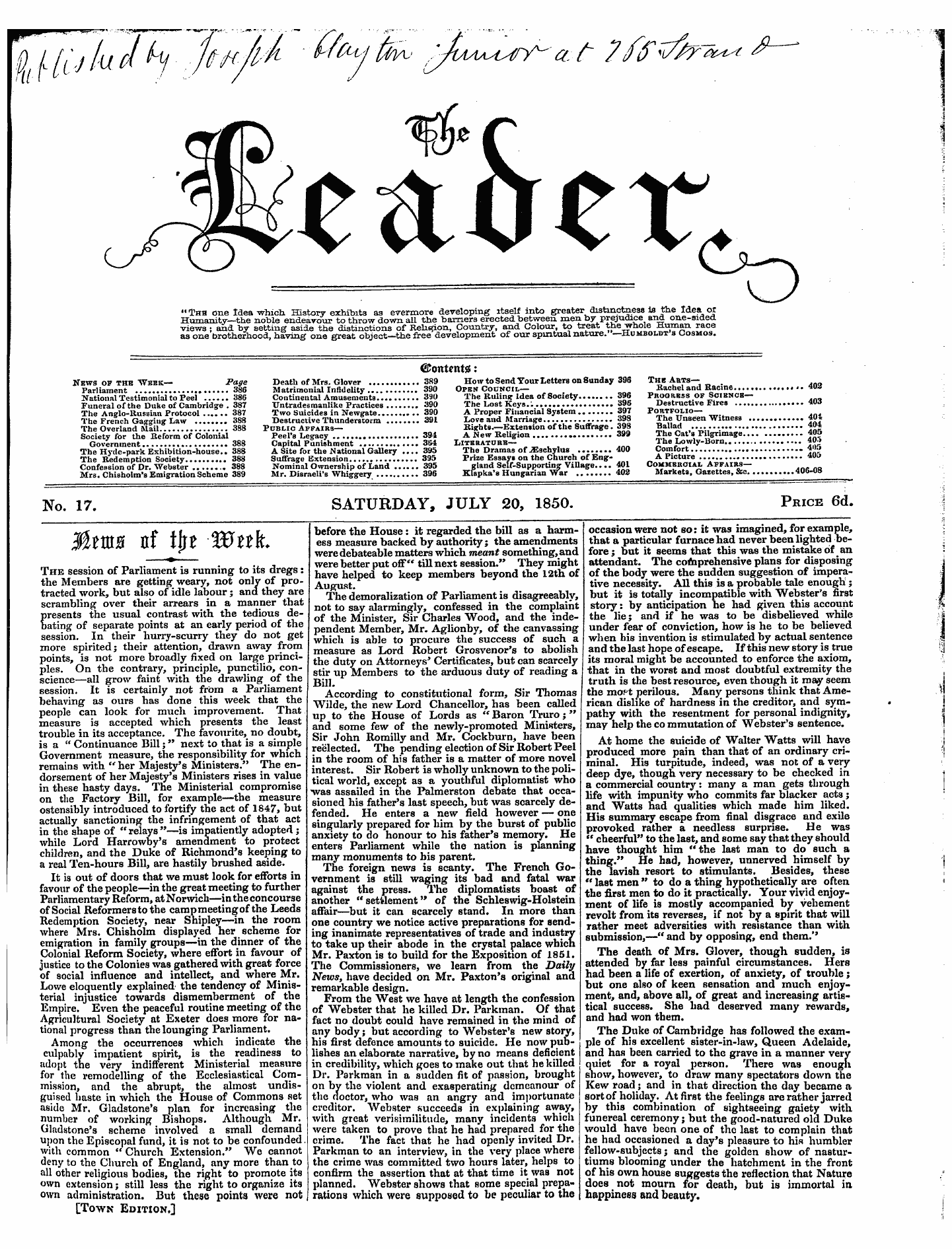 Leader (1850-1860): jS F Y, Town edition - Mtms N In Wnk