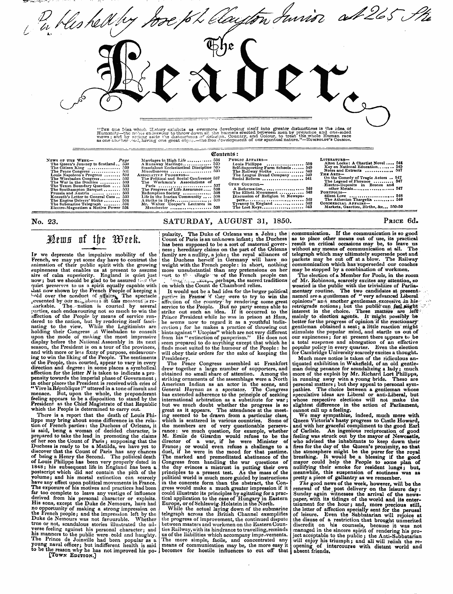 Leader (1850-1860): jS F Y, Town edition - Untitled Article