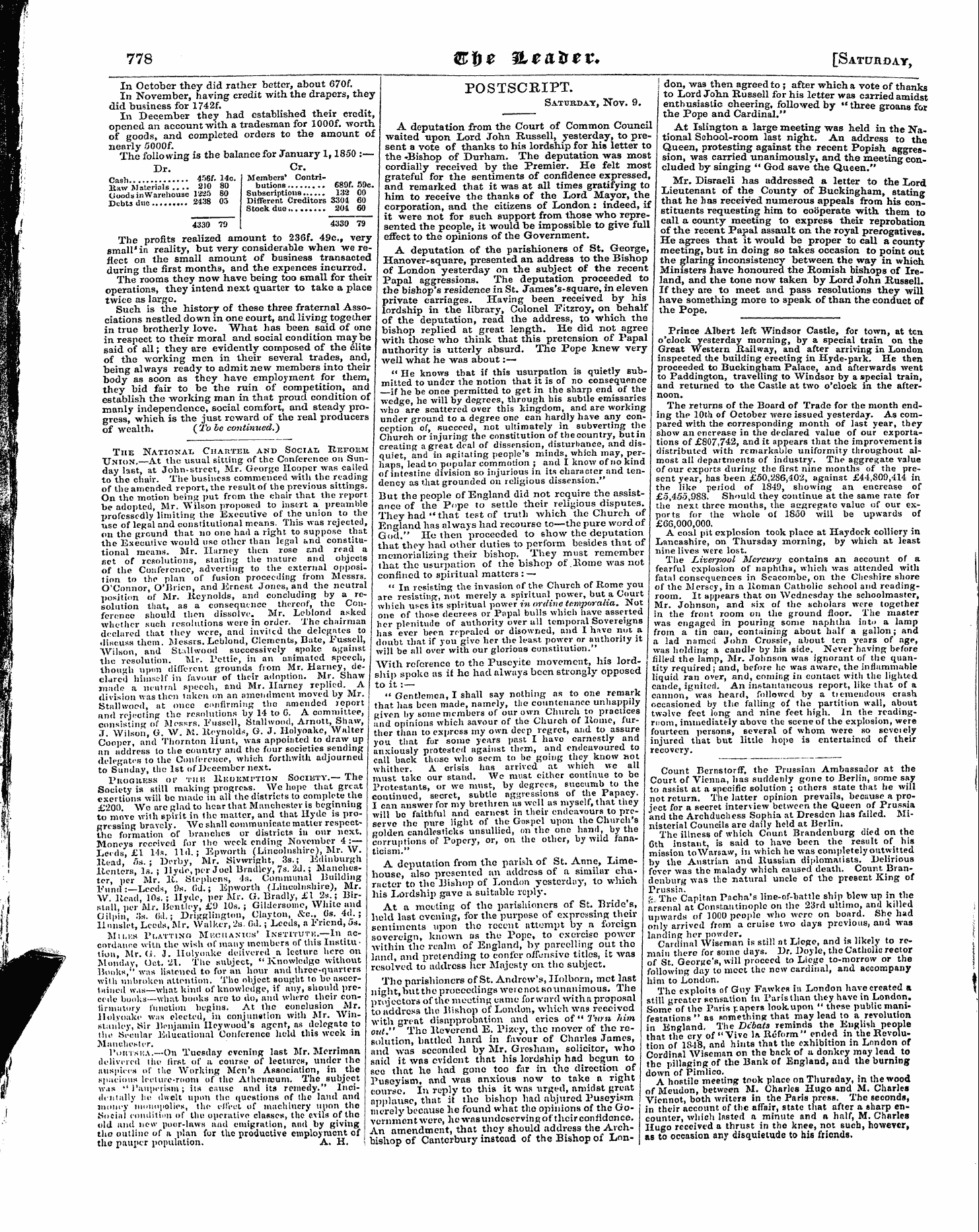 Leader (1850-1860): jS F Y, Town edition - Postscript. Saturday, Nov. 9
