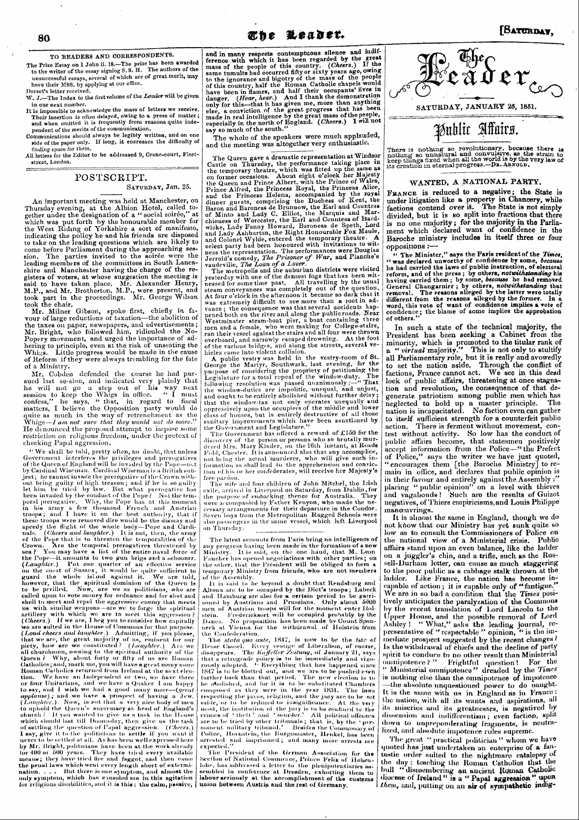 Leader (1850-1860): jS F Y, Town edition - Postscript. Saturday, Jan. 25.