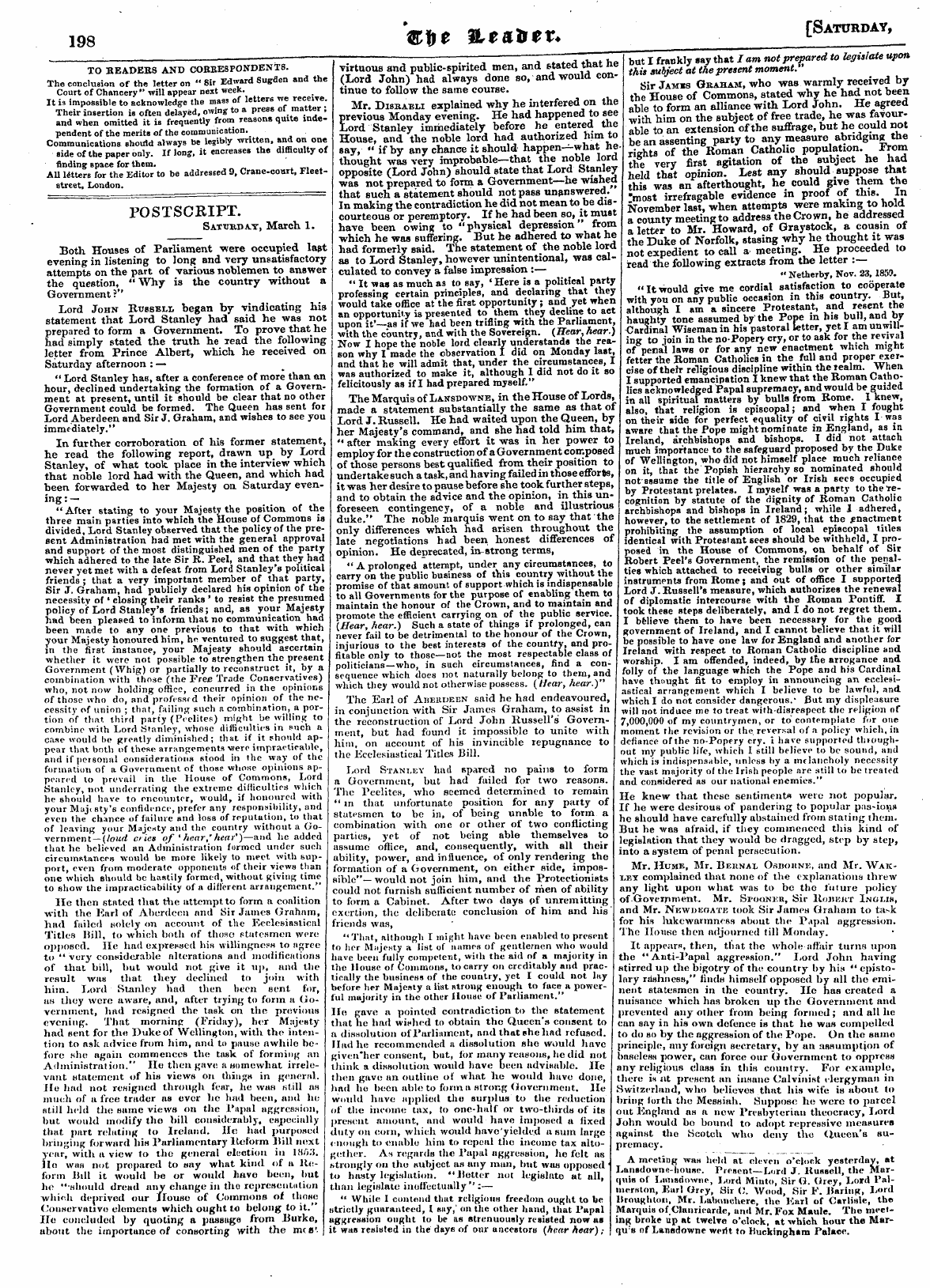 Leader (1850-1860): jS F Y, Town edition - Postscript. Saturday, March 1.