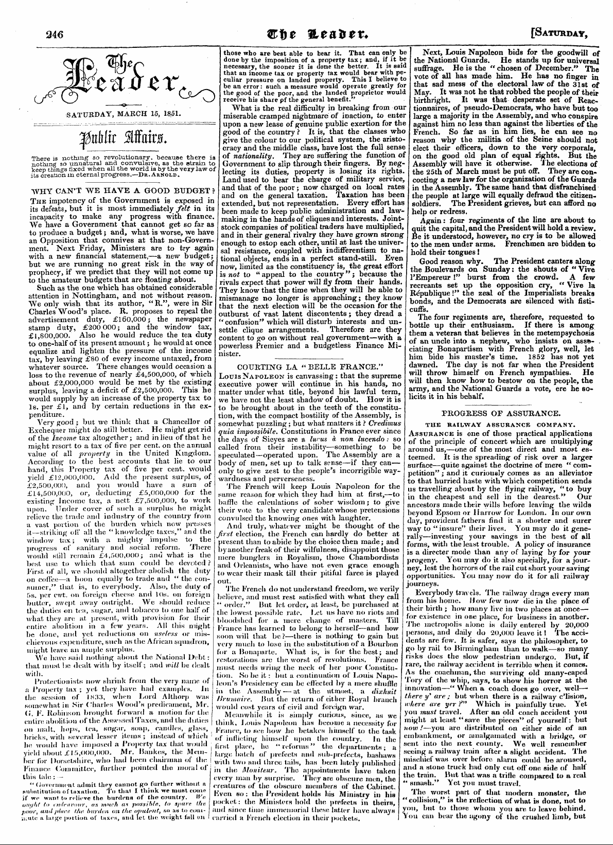 Leader (1850-1860): jS F Y, Town edition - Wp If Of P T.©. . Saturday, March 15, 1851.