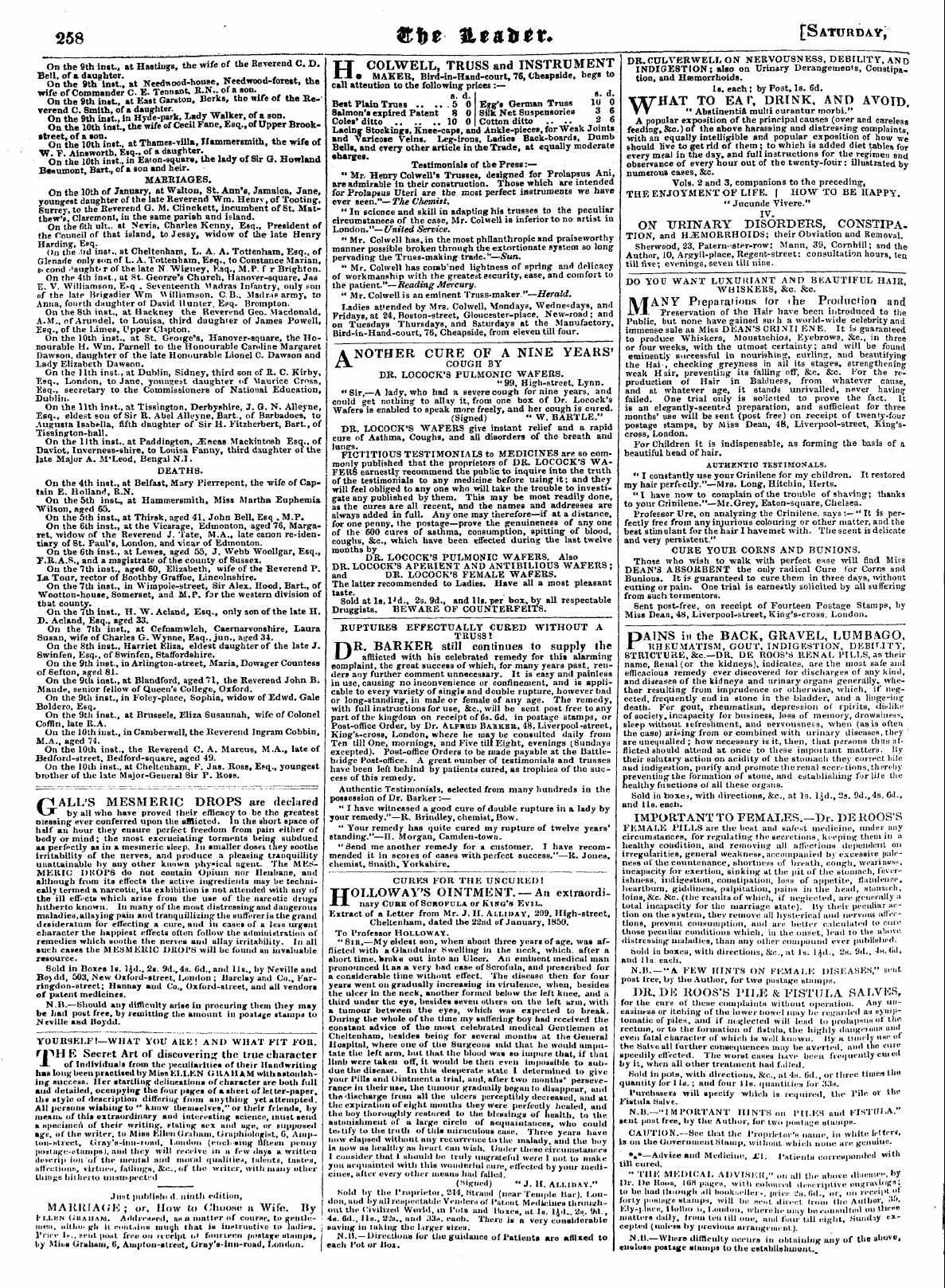 Leader (1850-1860): jS F Y, Town edition - Ga Ll's Mesmeric Drops Are Declared By All Who Have Proved Their Efficacy To Be The Greatest