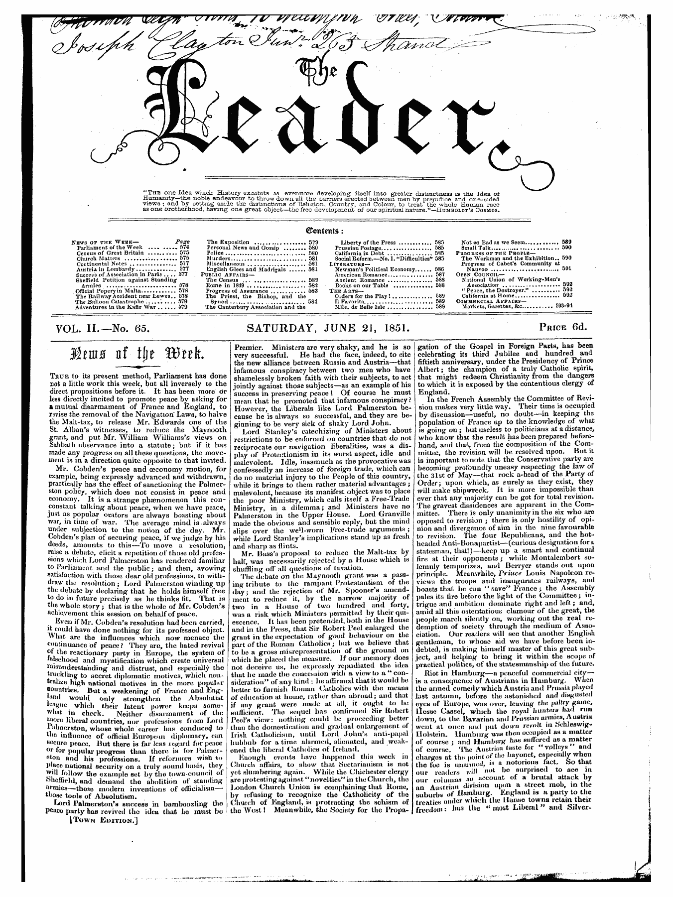 Leader (1850-1860): jS F Y, Town edition - Untitled Article