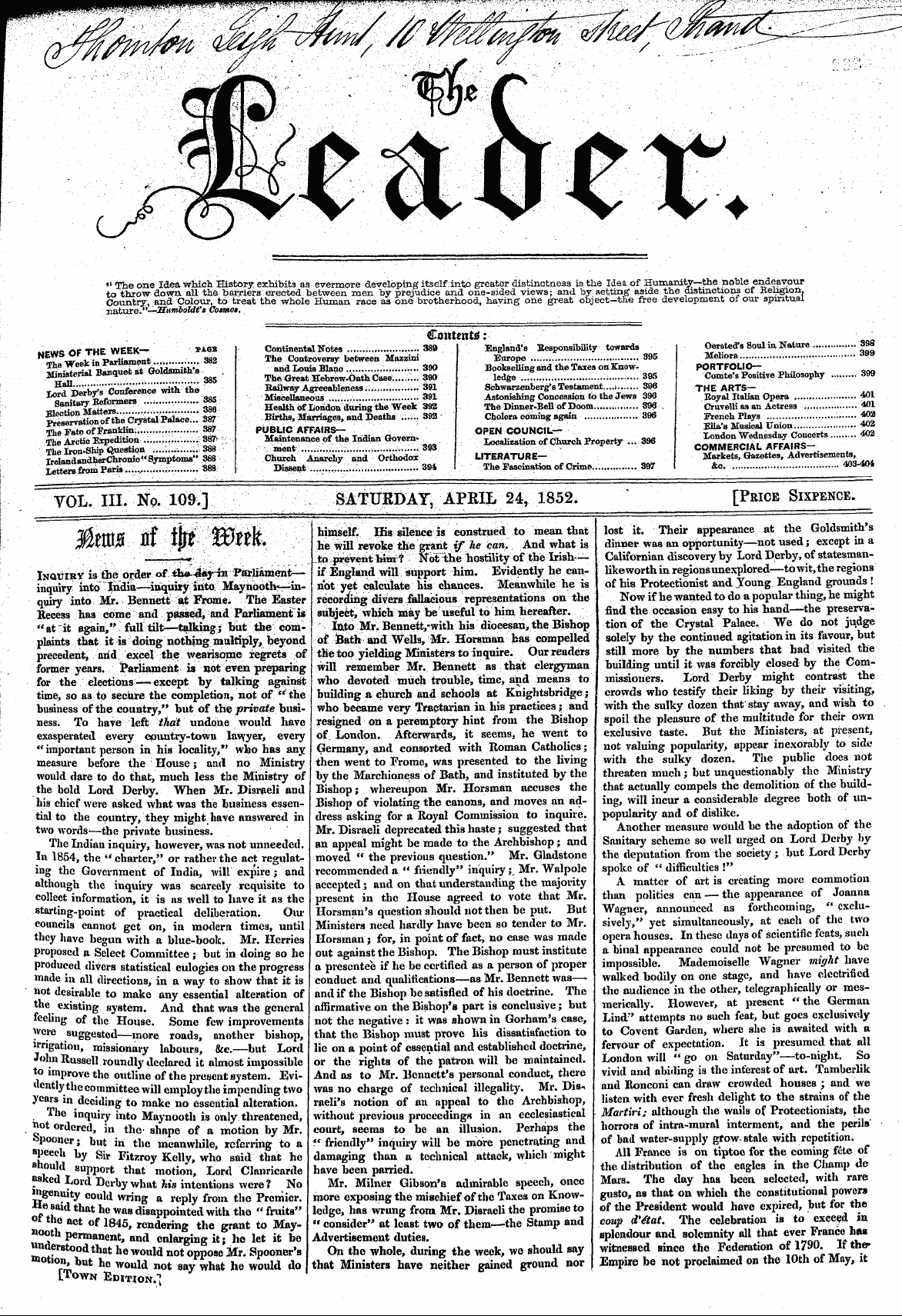 Leader (1850-1860): jS F Y, Town edition - Mma # Ip Pttfe