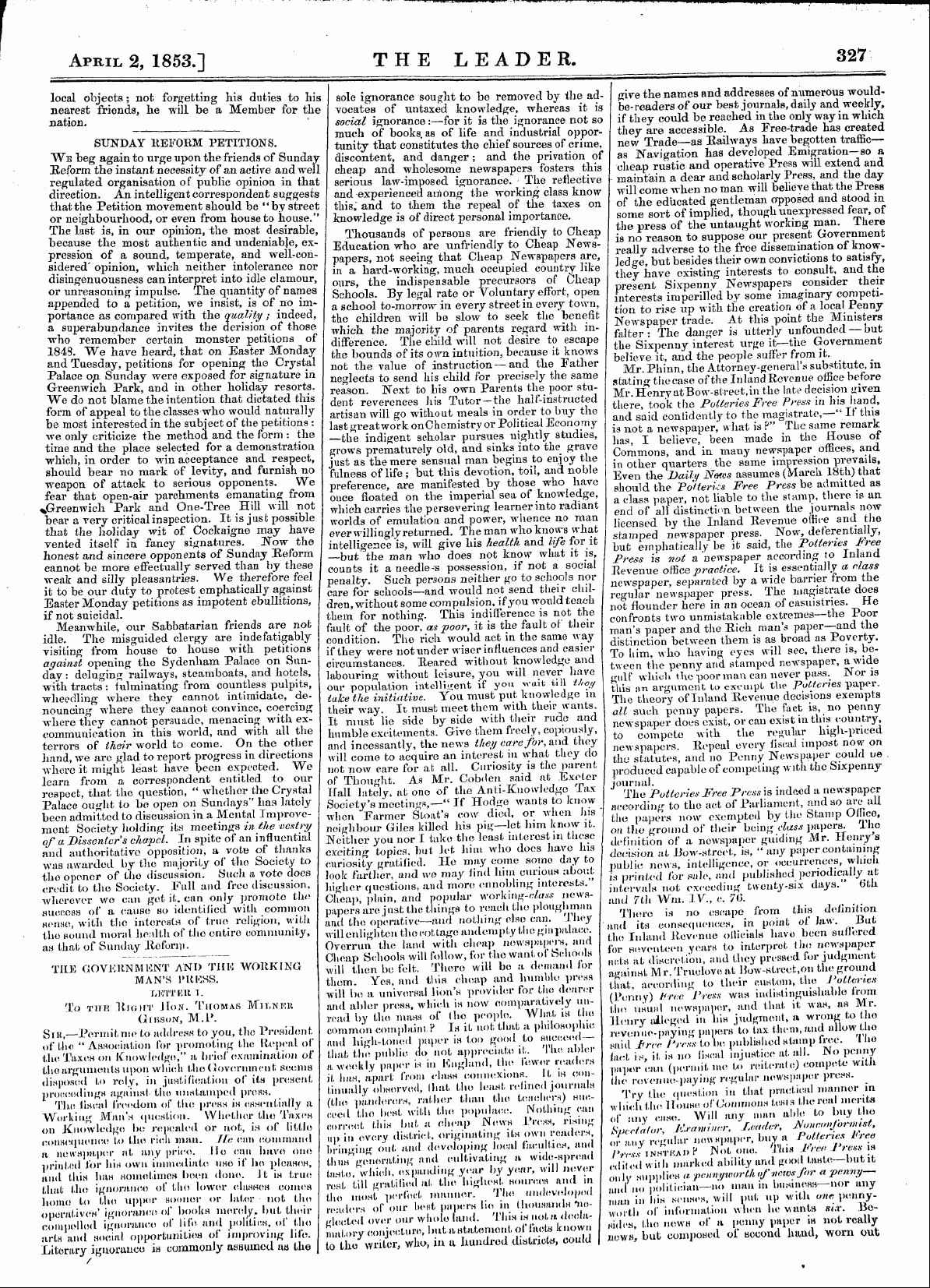 Leader (1850-1860): jS F Y, 1st edition - Untitled Article