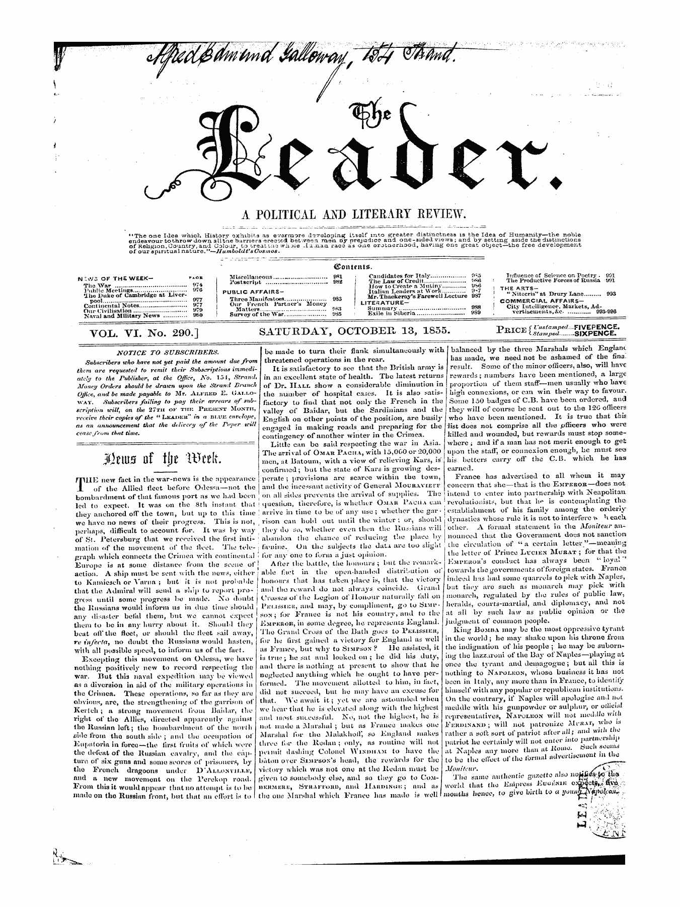 Leader (1850-1860): jS F Y, 1st edition - Jceius Of Tlie Weelt.