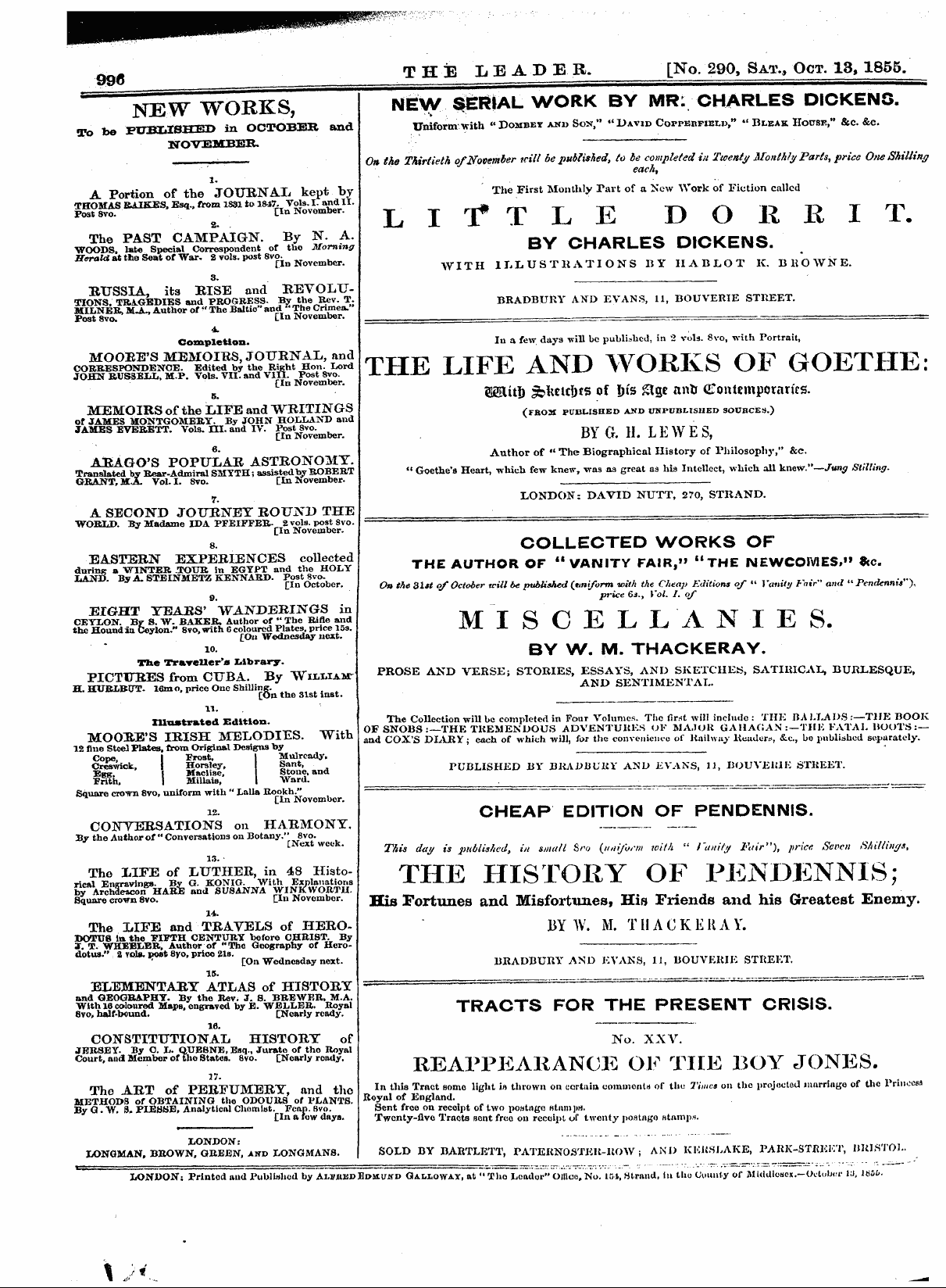 Leader (1850-1860): jS F Y, 1st edition - Untitled Ad