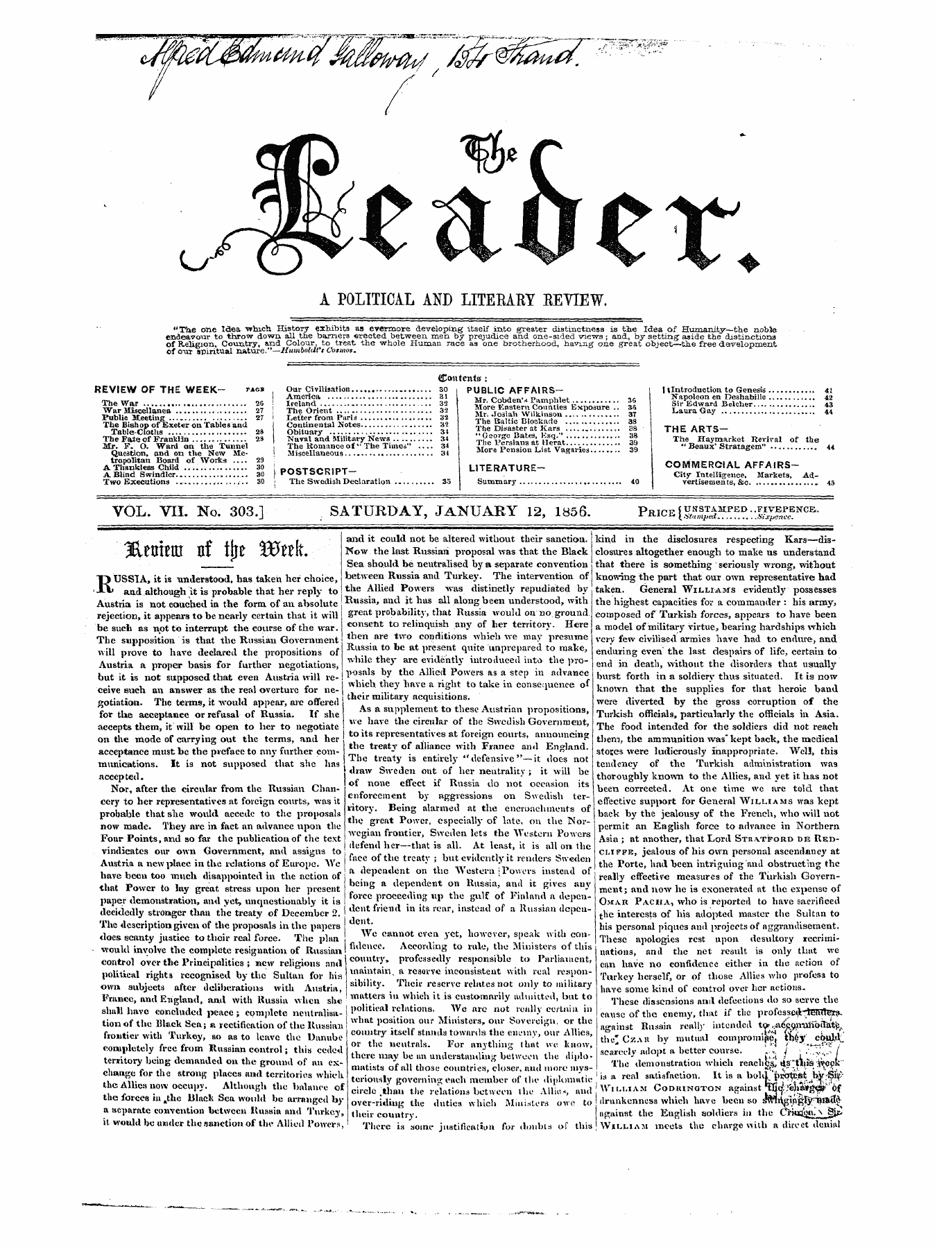 Leader (1850-1860): jS F Y, 1st edition - Untitled Article