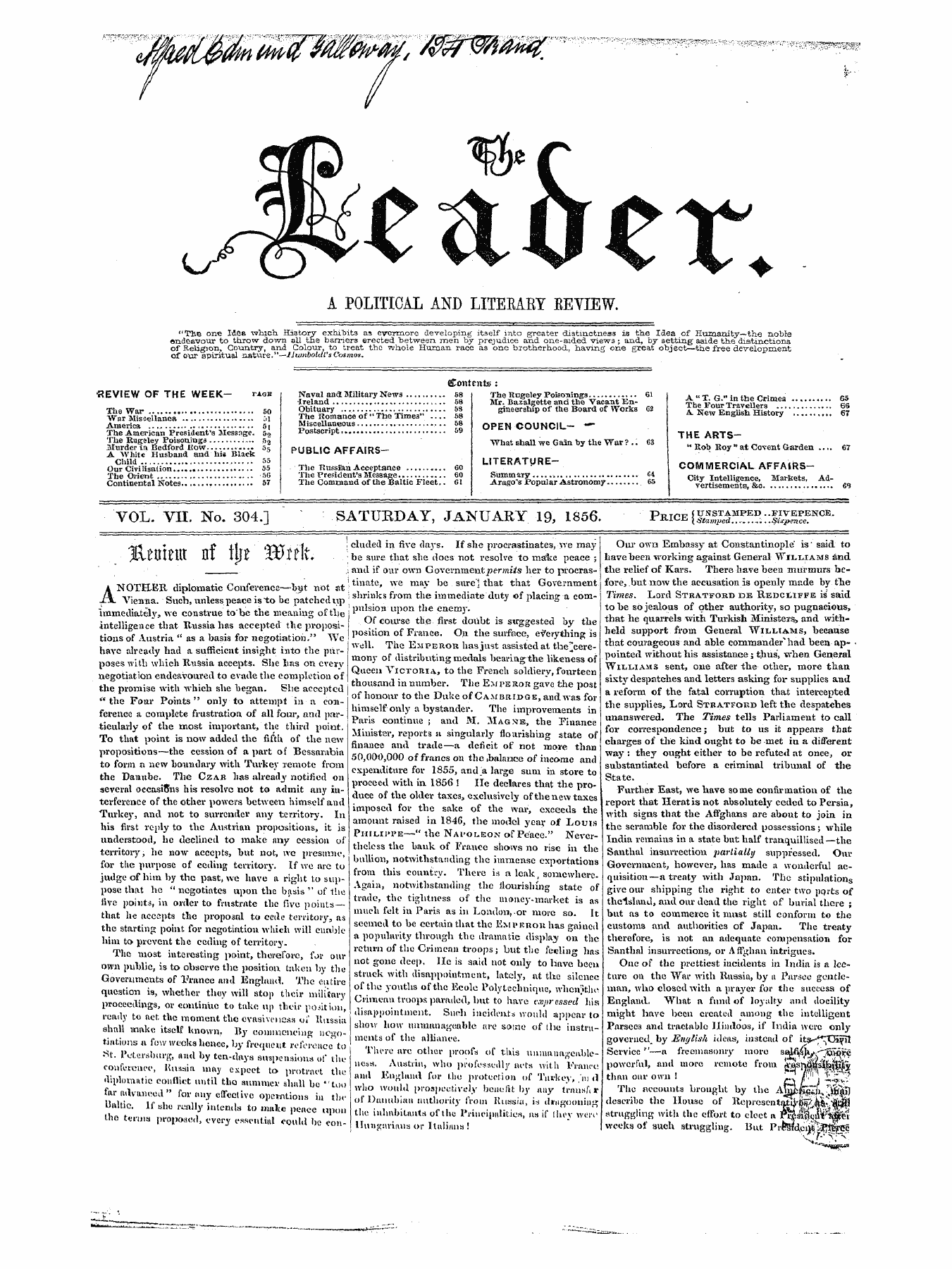 Leader (1850-1860): jS F Y, 1st edition - A Political And Liteeary Eeyiew.