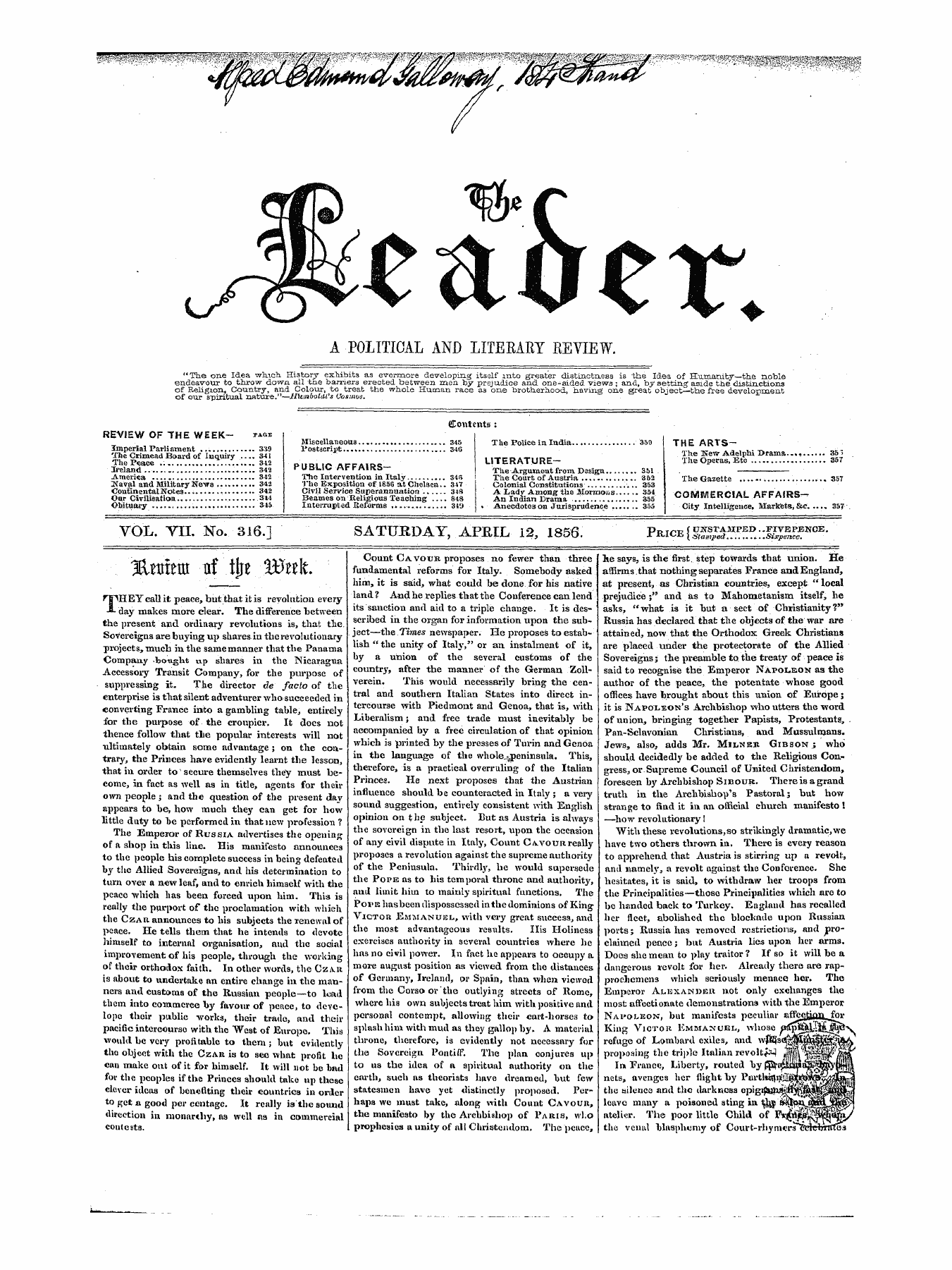 Leader (1850-1860): jS F Y, 1st edition: 1