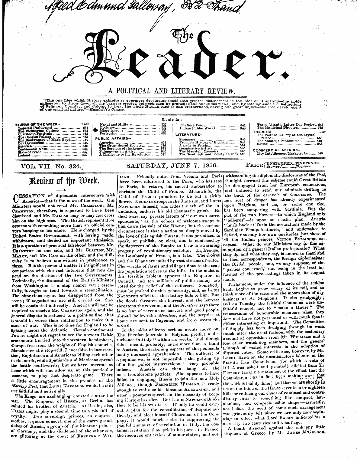 Leader (1850-1860): jS F Y, 1st edition: 1