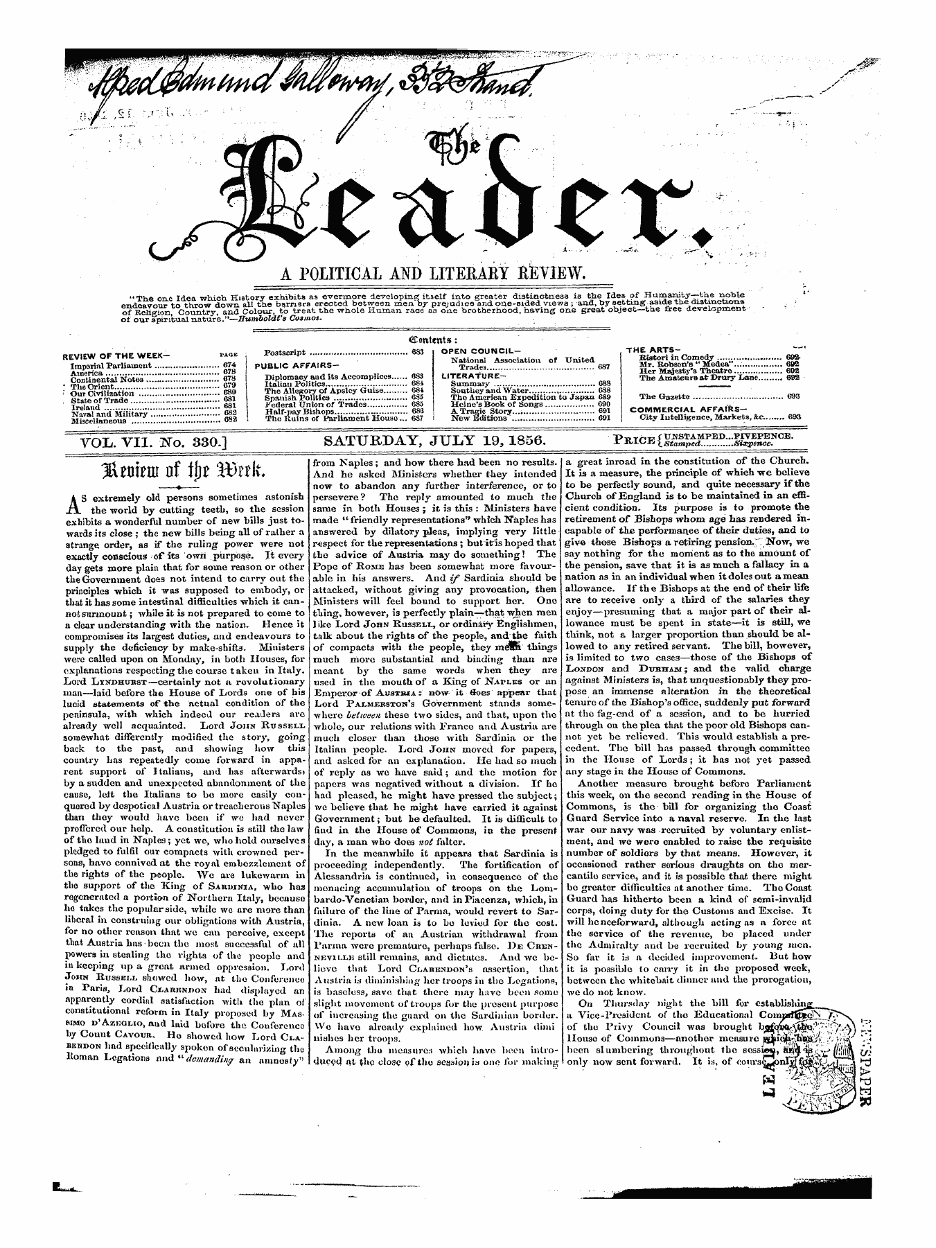Leader (1850-1860): jS F Y, 1st edition - Contents :