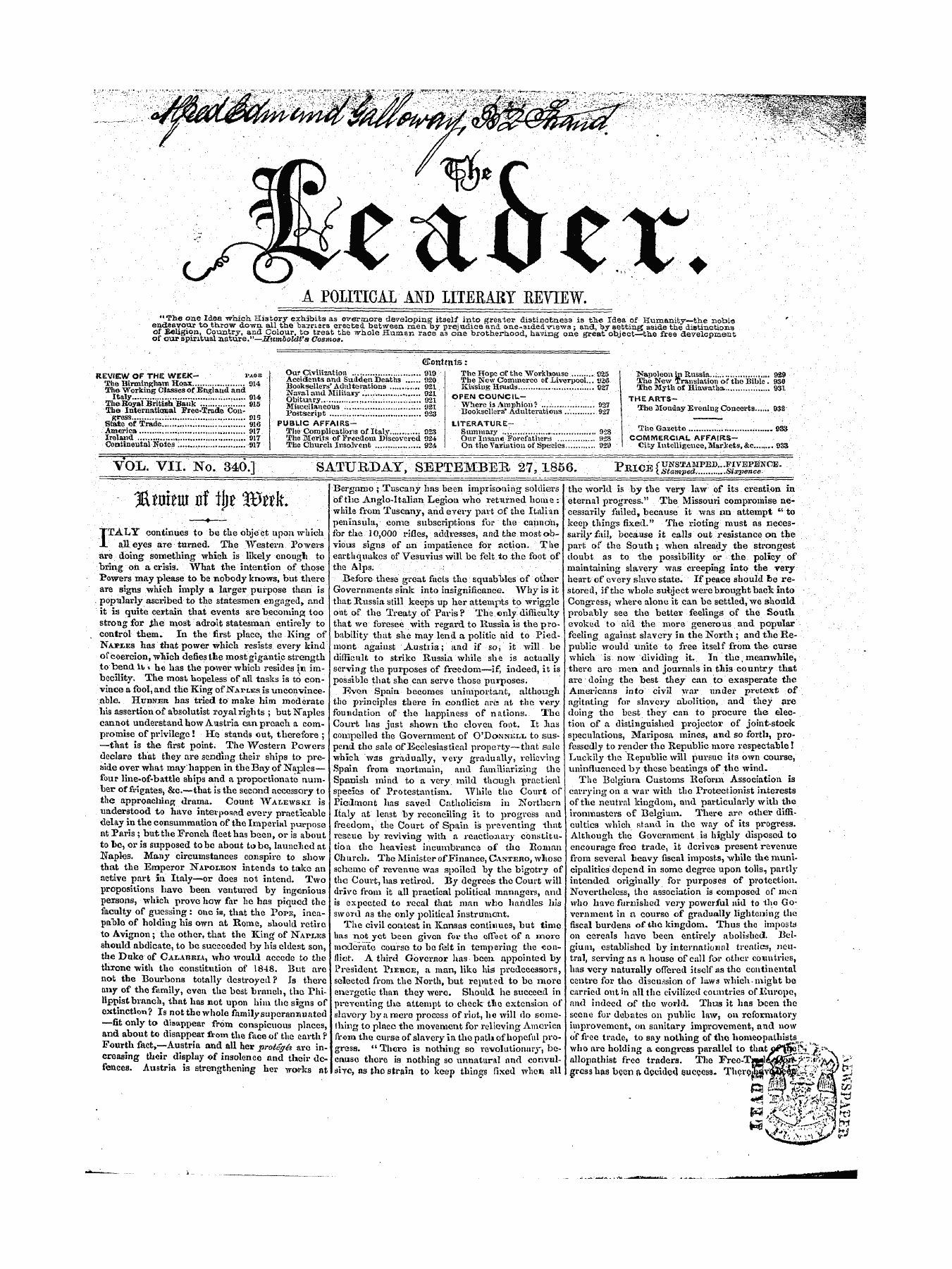 Leader (1850-1860): jS F Y, 1st edition - ¦ ¦¦ -.;¦ . . . .. ;. .;.. . . ¦ . . . . . ' : &Lt;£Ontmts: ' •¦ - . ¦ ¦ " ¦ ¦ . - ¦ . . ; . . ' ¦