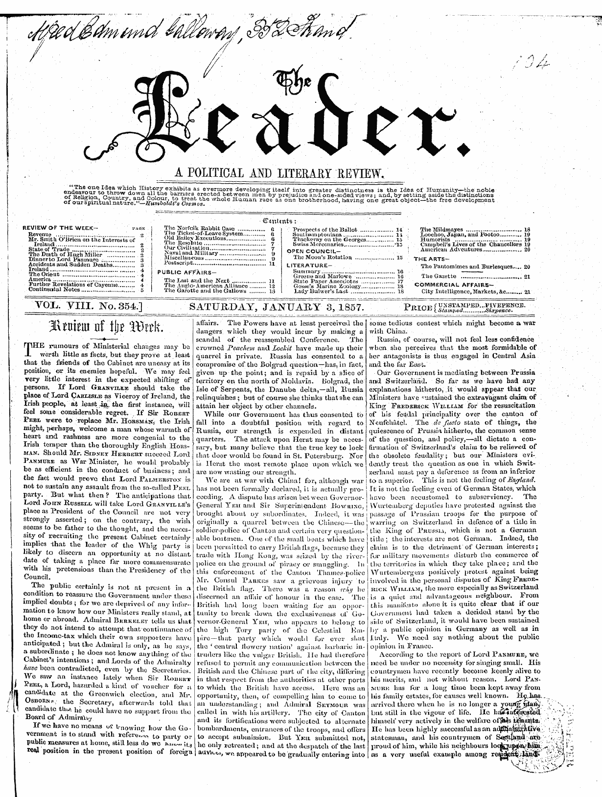 Leader (1850-1860): jS F Y, 1st edition - ¦ ¦ ¦ ¦ ¦ ' - ¦ ' . ¦ . ¦ ¦ ¦ ¦ ¦ • - ' ¦ ' Gbttittnts: .. . ¦ ¦ ' ¦ ¦ . ¦ ¦ • . ' . ' ¦ ' - .