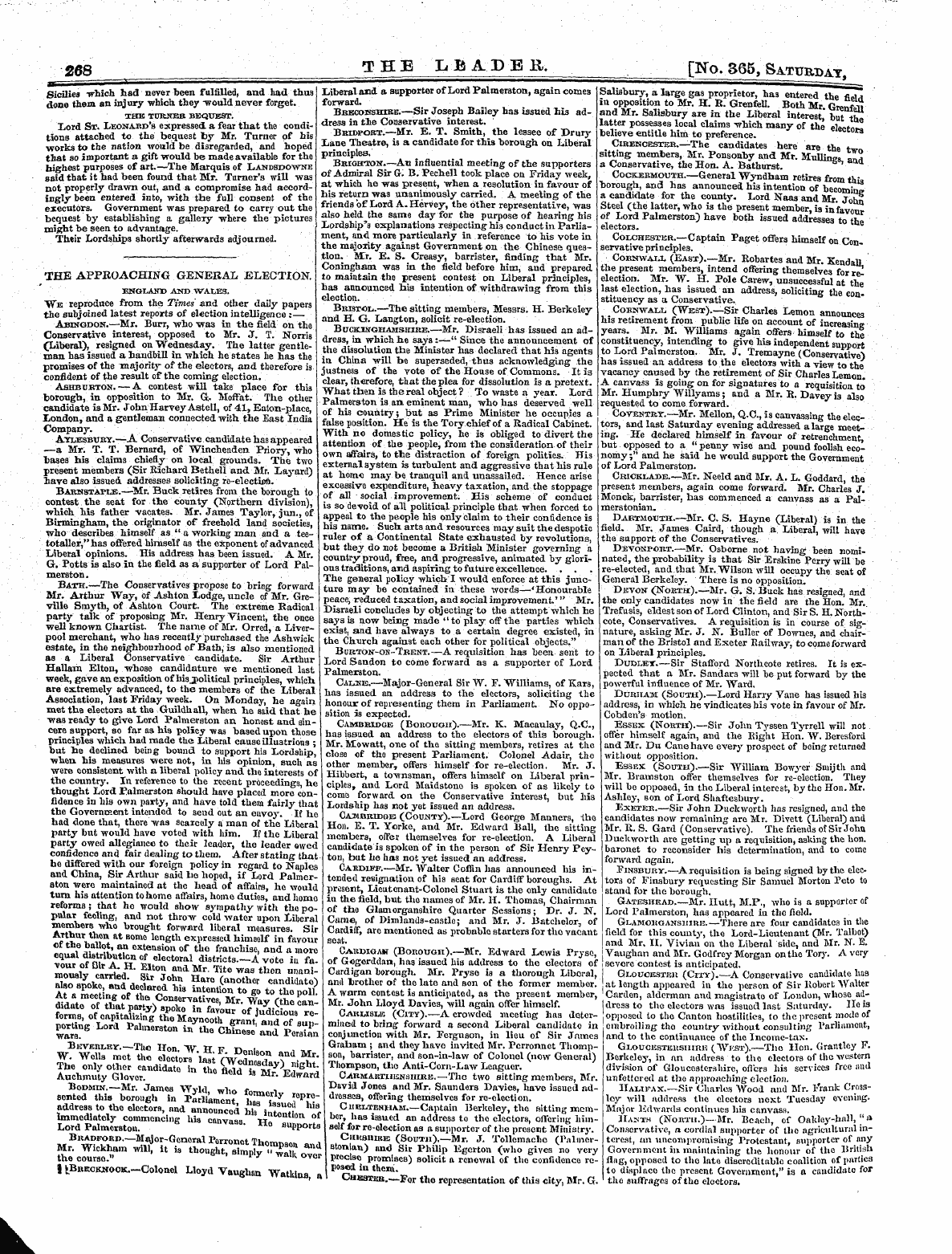 Leader (1850-1860): jS F Y, 1st edition - The Approaching General Election