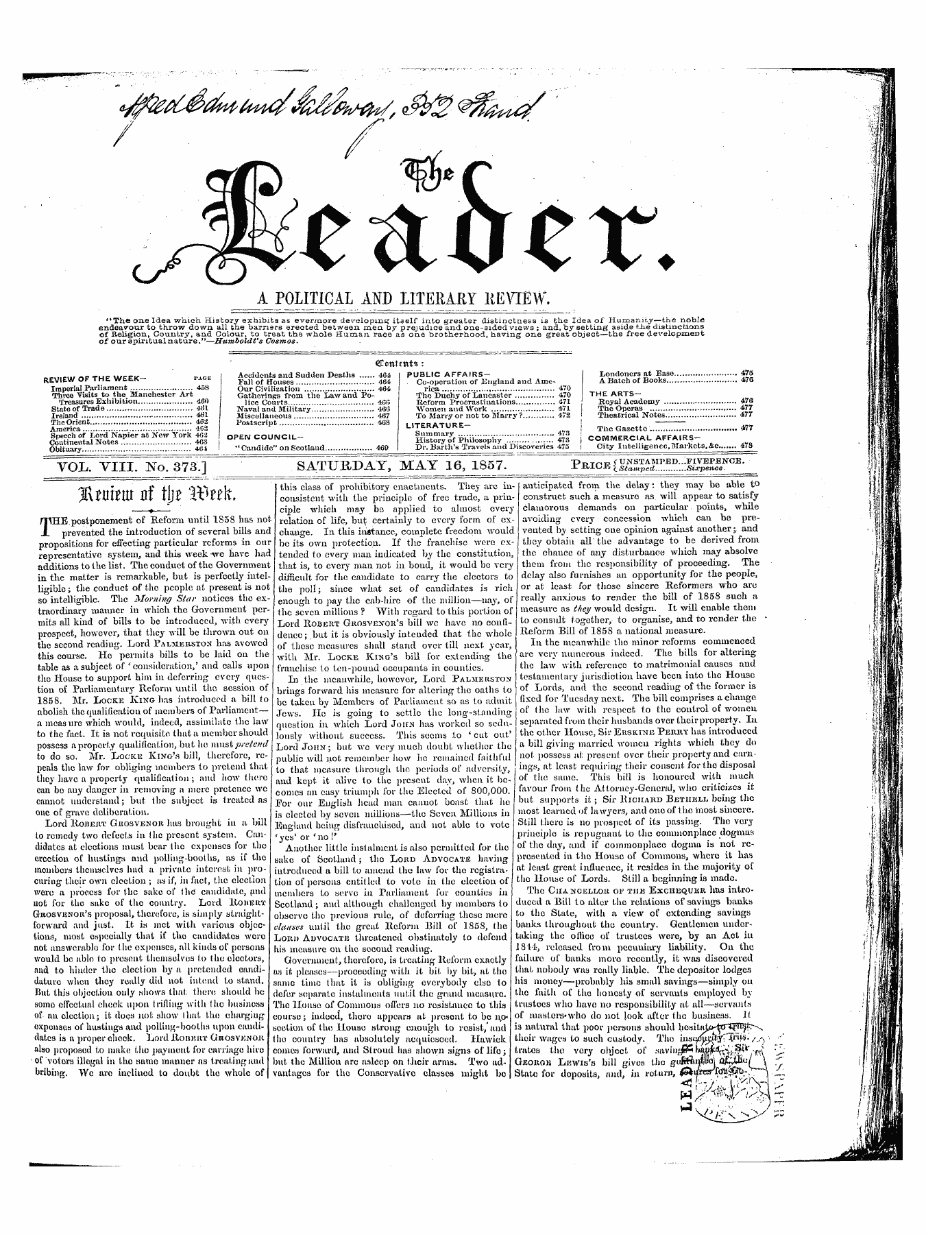 Leader (1850-1860): jS F Y, 1st edition - Gjp ^*C ^^ / ^^^^^ Vv ~V* ^ -V ? A Political And Literary Review*.