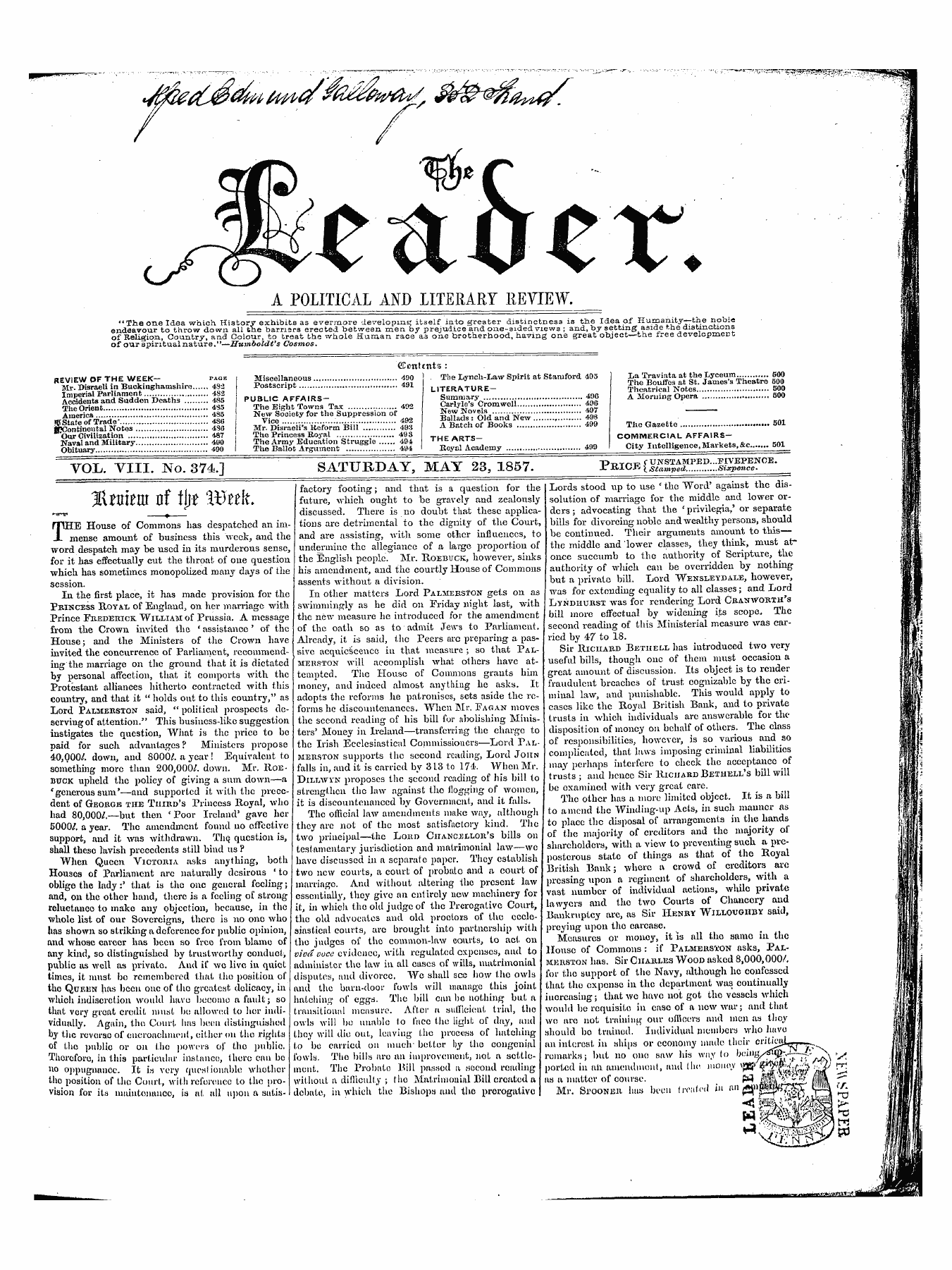 Leader (1850-1860): jS F Y, 1st edition: 1