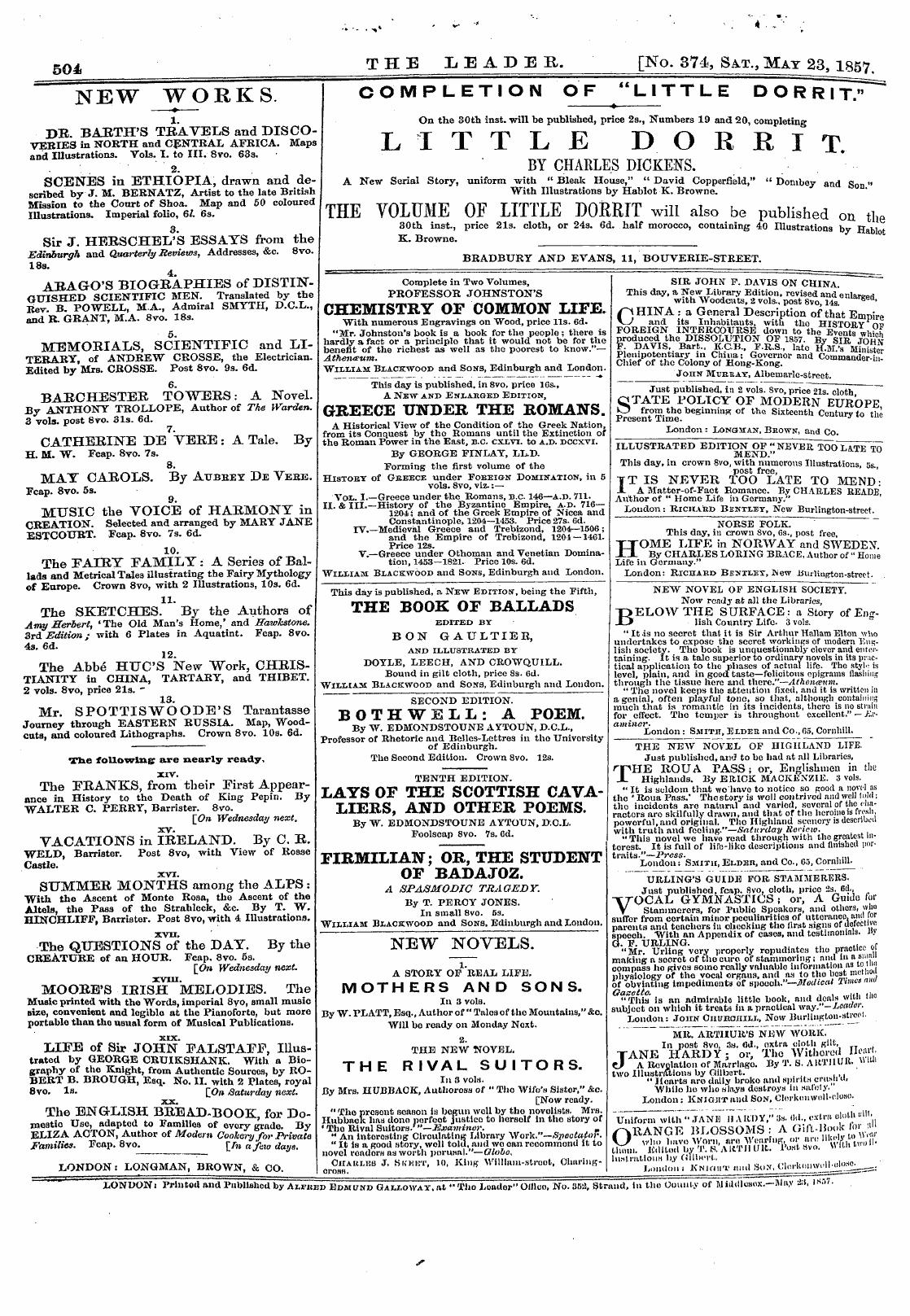 Leader (1850-1860): jS F Y, 1st edition - Untitled Ad