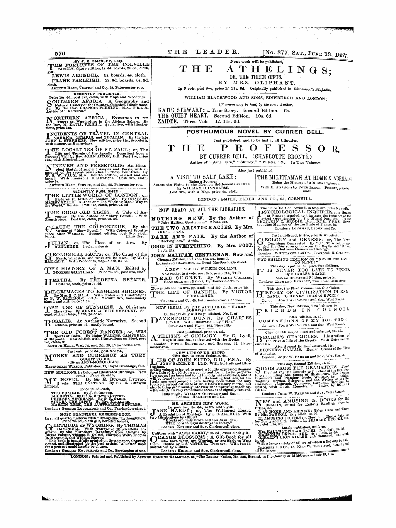 Leader (1850-1860): jS F Y, 1st edition - Untitled Ad