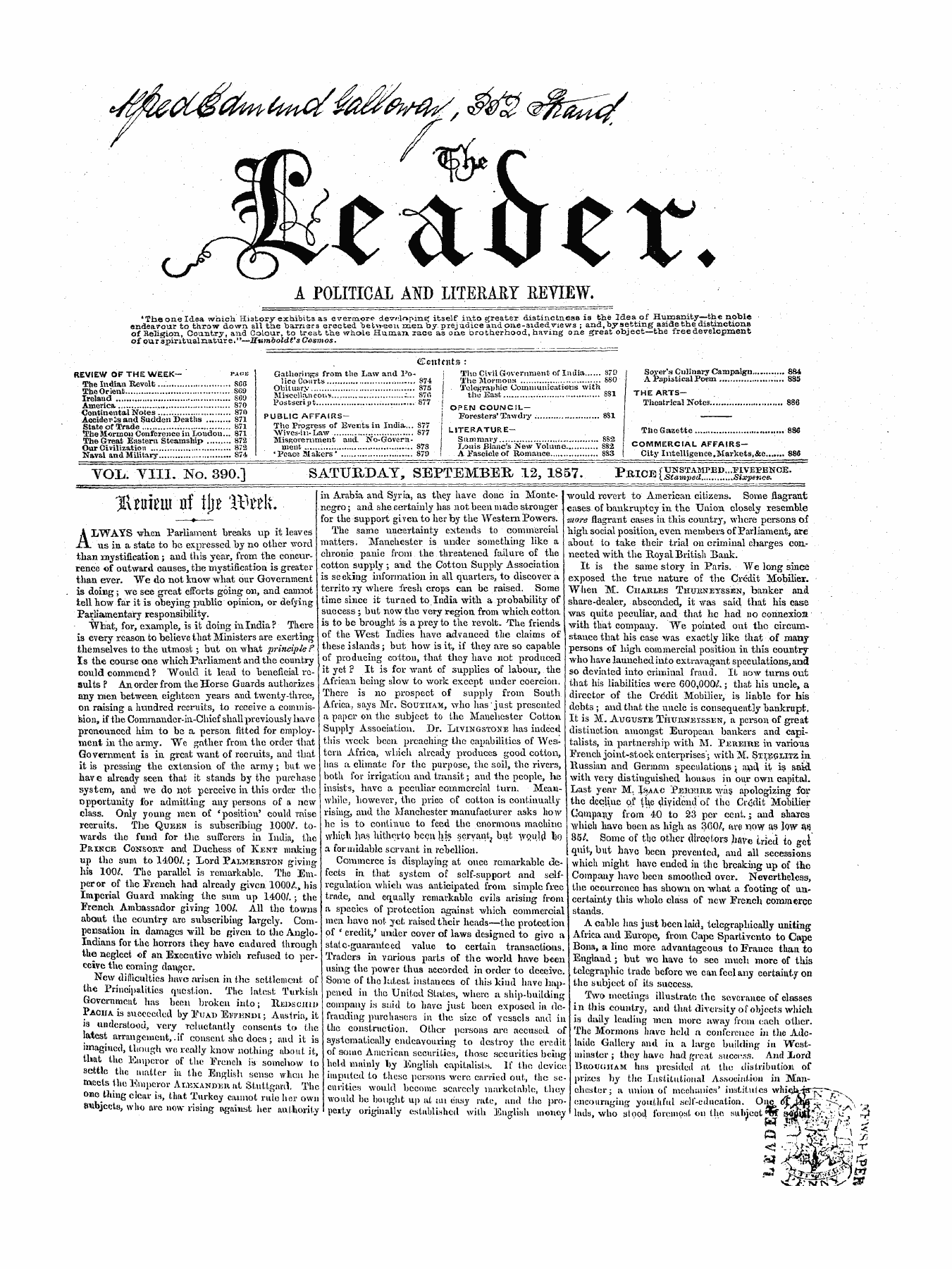 Leader (1850-1860): jS F Y, 1st edition - Uutrim Uf Tjjrttu^Lu —?— ¦