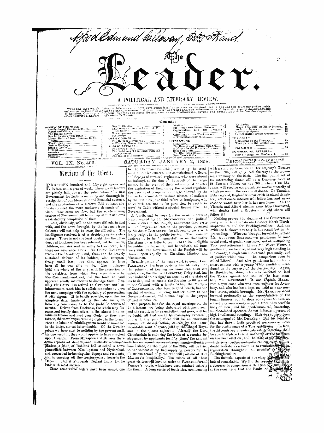 Leader (1850-1860): jS F Y, 1st edition - ( Contents : ¦