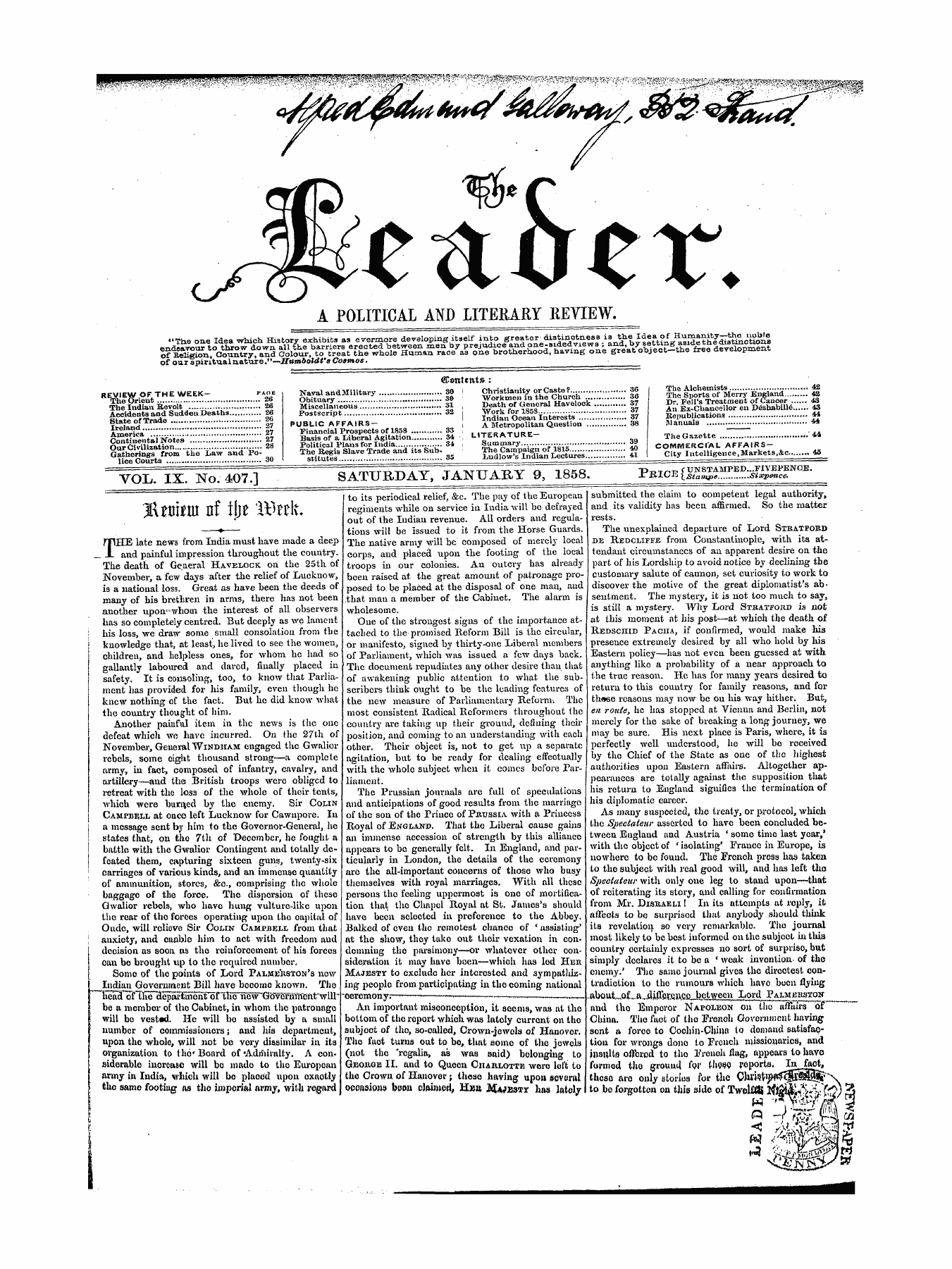 Leader (1850-1860): jS F Y, 1st edition - Jktmtw Of Tjje Wttk. —?—