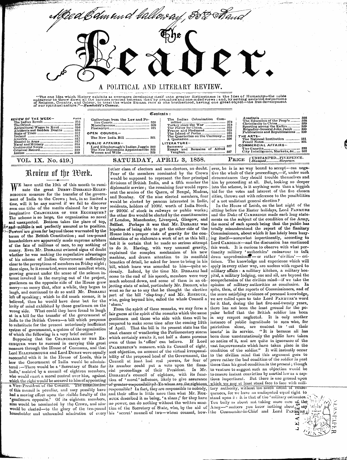 Leader (1850-1860): jS F Y, 1st edition - Untitled Article