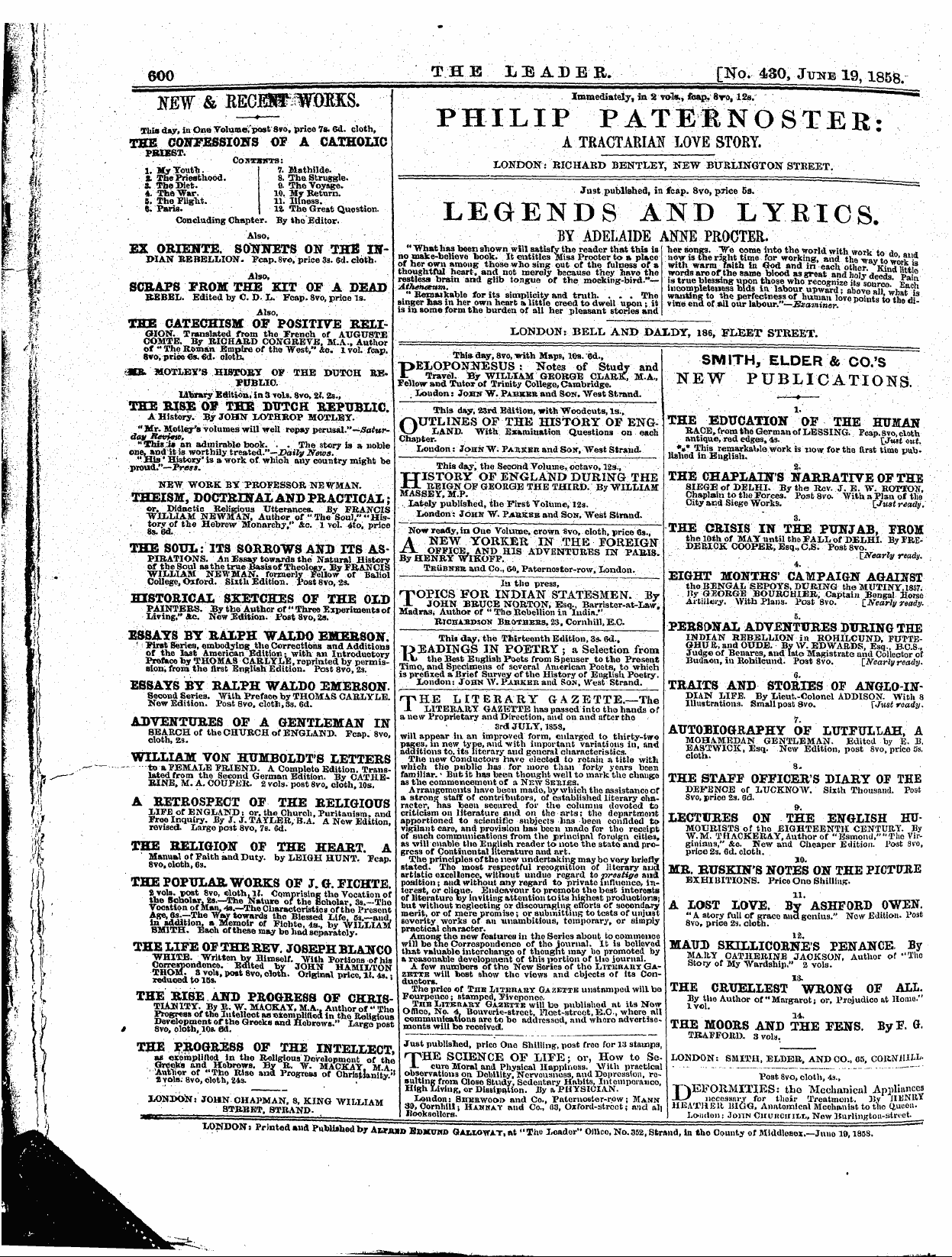 Leader (1850-1860): jS F Y, 1st edition - Untitled Ad