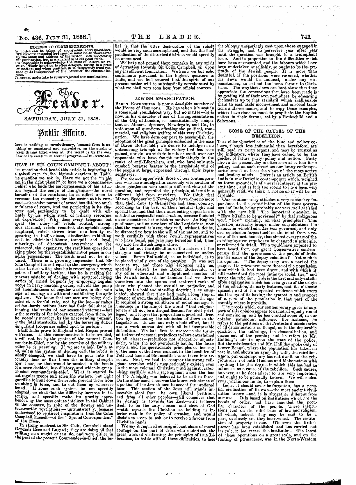 Leader (1850-1860): jS F Y, 1st edition - Jewish Emancipation. Bauon Rothschild Is...