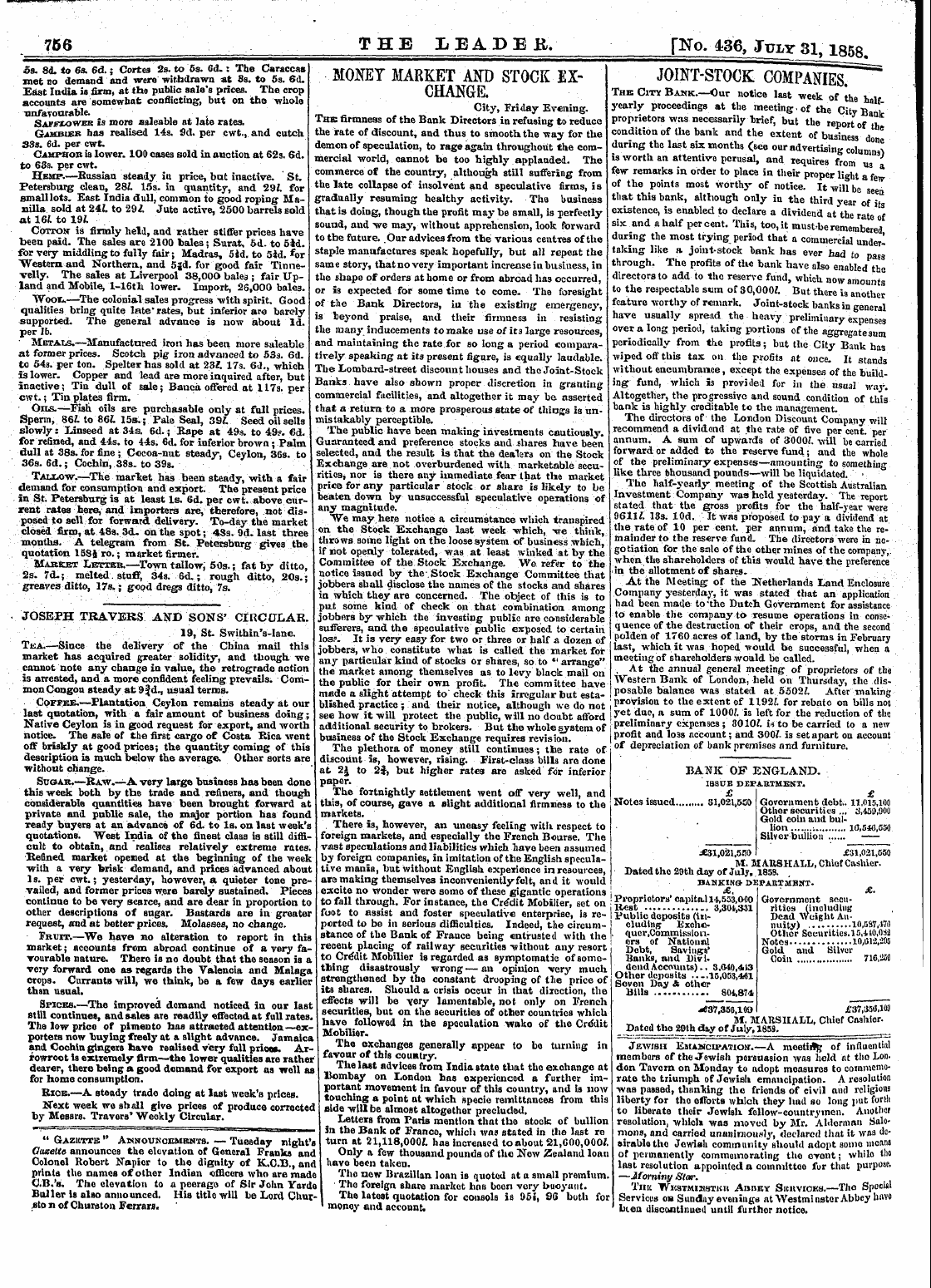 Leader (1850-1860): jS F Y, 1st edition - 756 The Leader. [Msto .436, July 31 Iskr