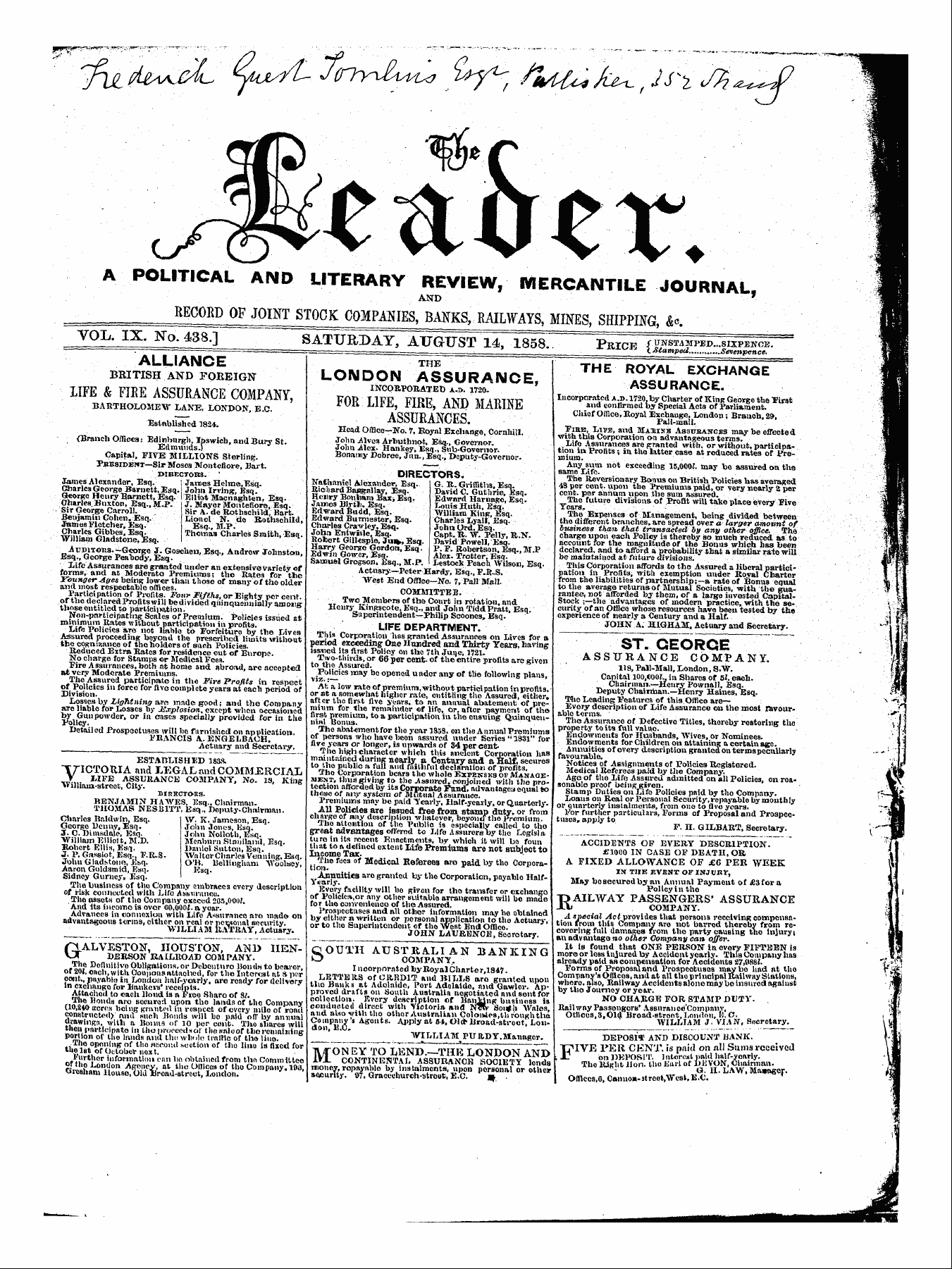 Leader (1850-1860): jS F Y, 1st edition - Ad00112