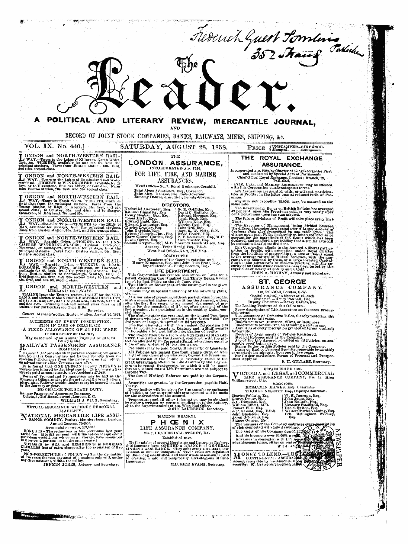 Leader (1850-1860): jS F Y, 1st edition - Vol. Ix. No. 410.] Saturday, August 28, ...