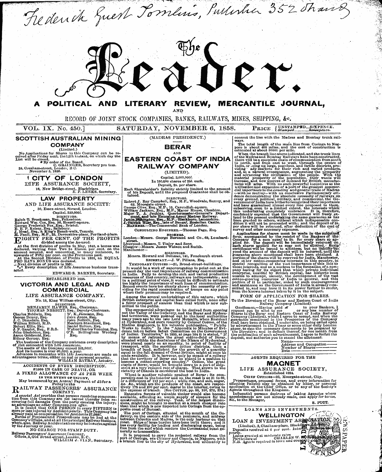 Leader (1850-1860): jS F Y, 1st edition: 1